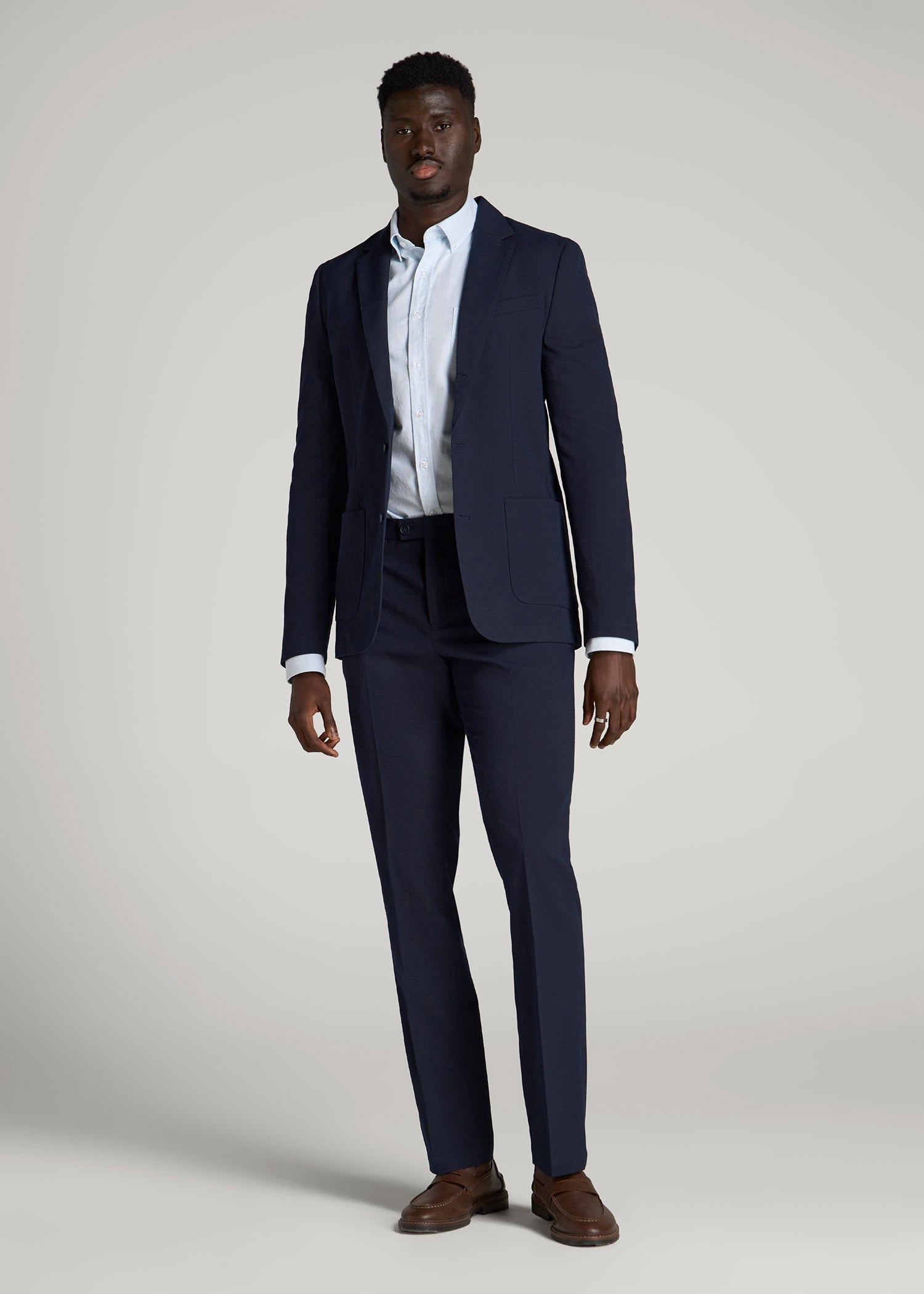 Textured Garment Washed Stretch Cotton Suit Pants for Tall Men in Evening Blue