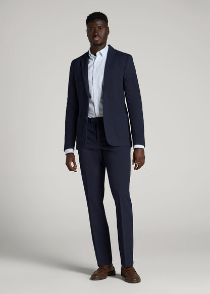 Textured Garment Washed Stretch Cotton Suit Pants for Tall Men in Evening Blue