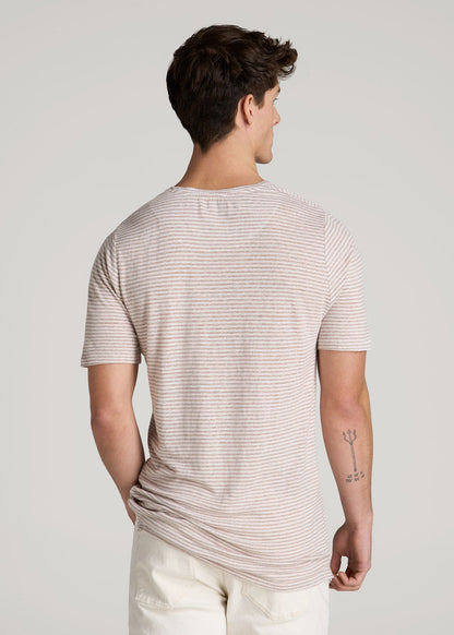 Linen Crewneck T-Shirt for Tall Men in Beige and White Stripe