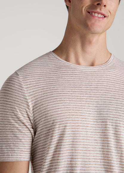 Linen Crewneck T-Shirt for Tall Men in Beige and White Stripe