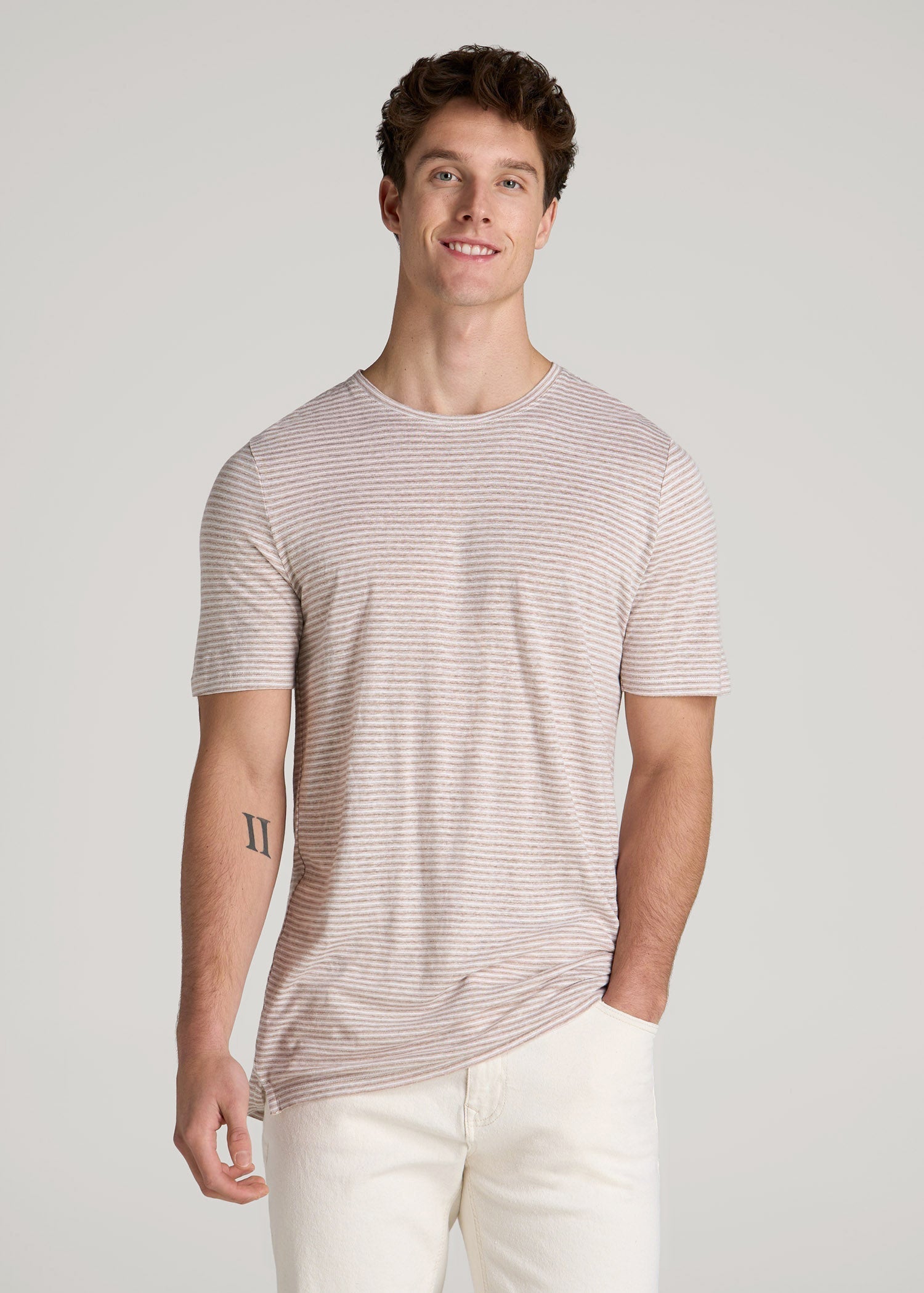 Linen Crewneck T-Shirt for Tall Men in Beige and White Stripe