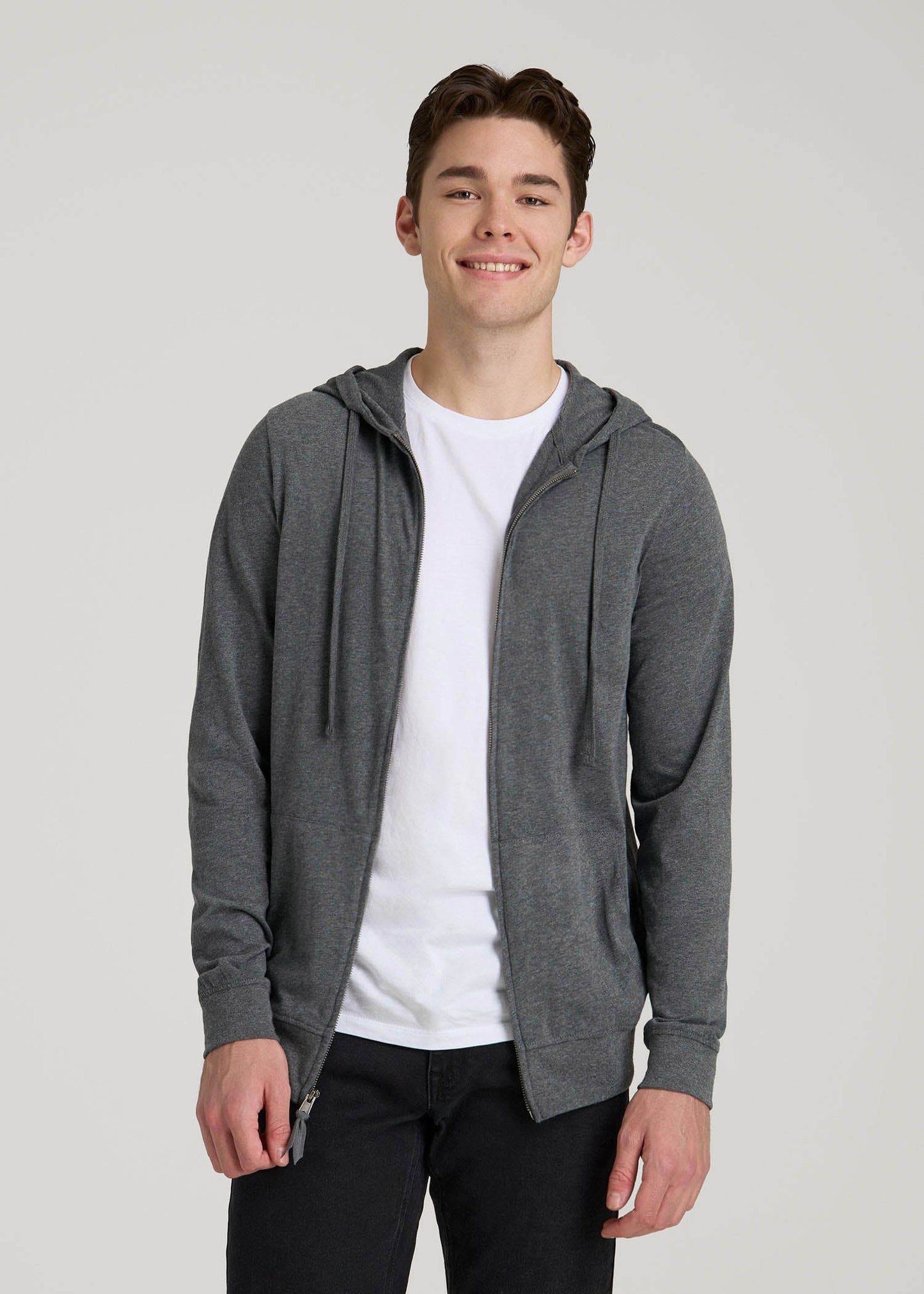 Long Sleeve Full Zip Jersey Hoodie for Tall Men in Charcoal Mix