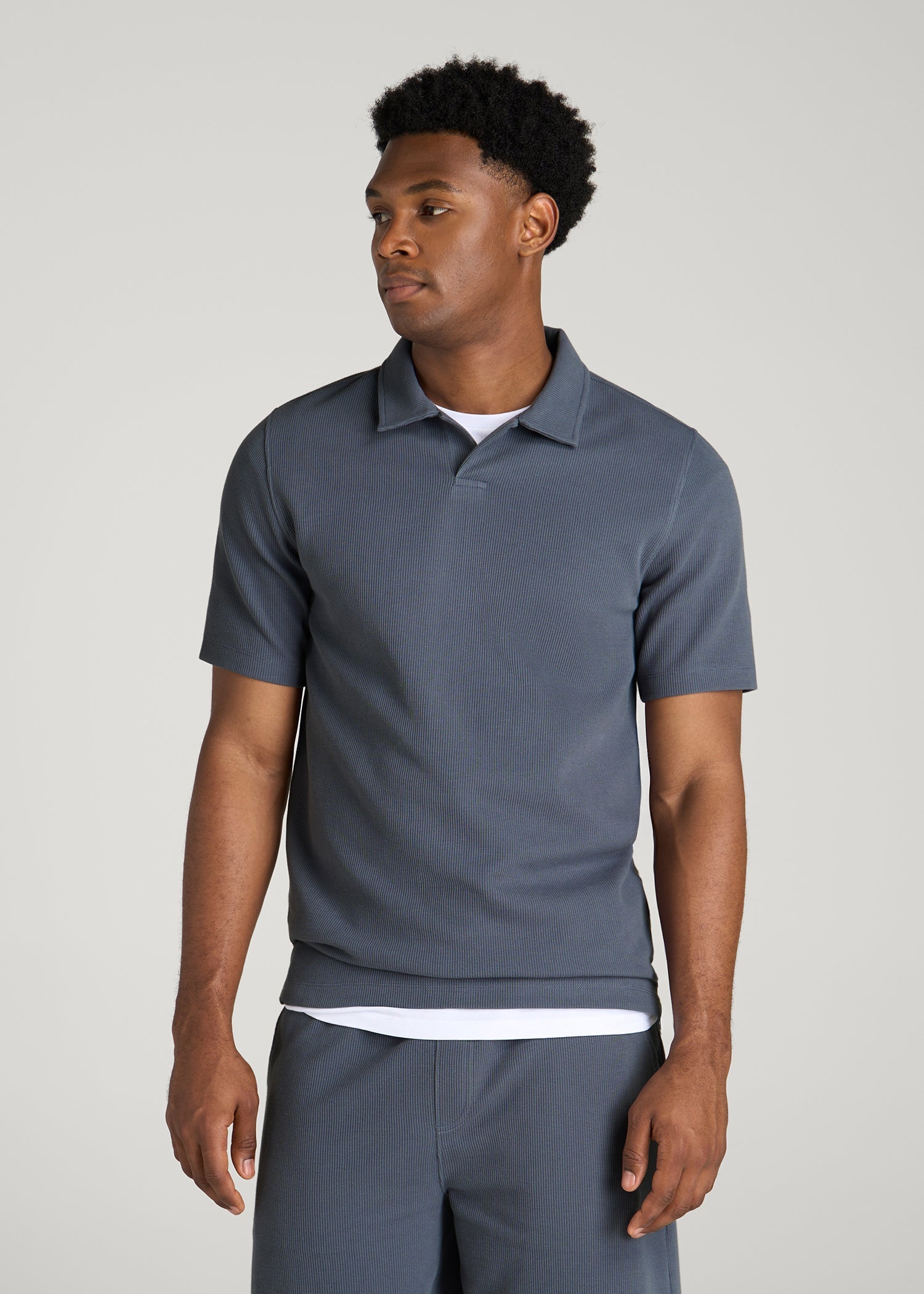 Micro Waffle Polo for Tall Men in Grey Blue