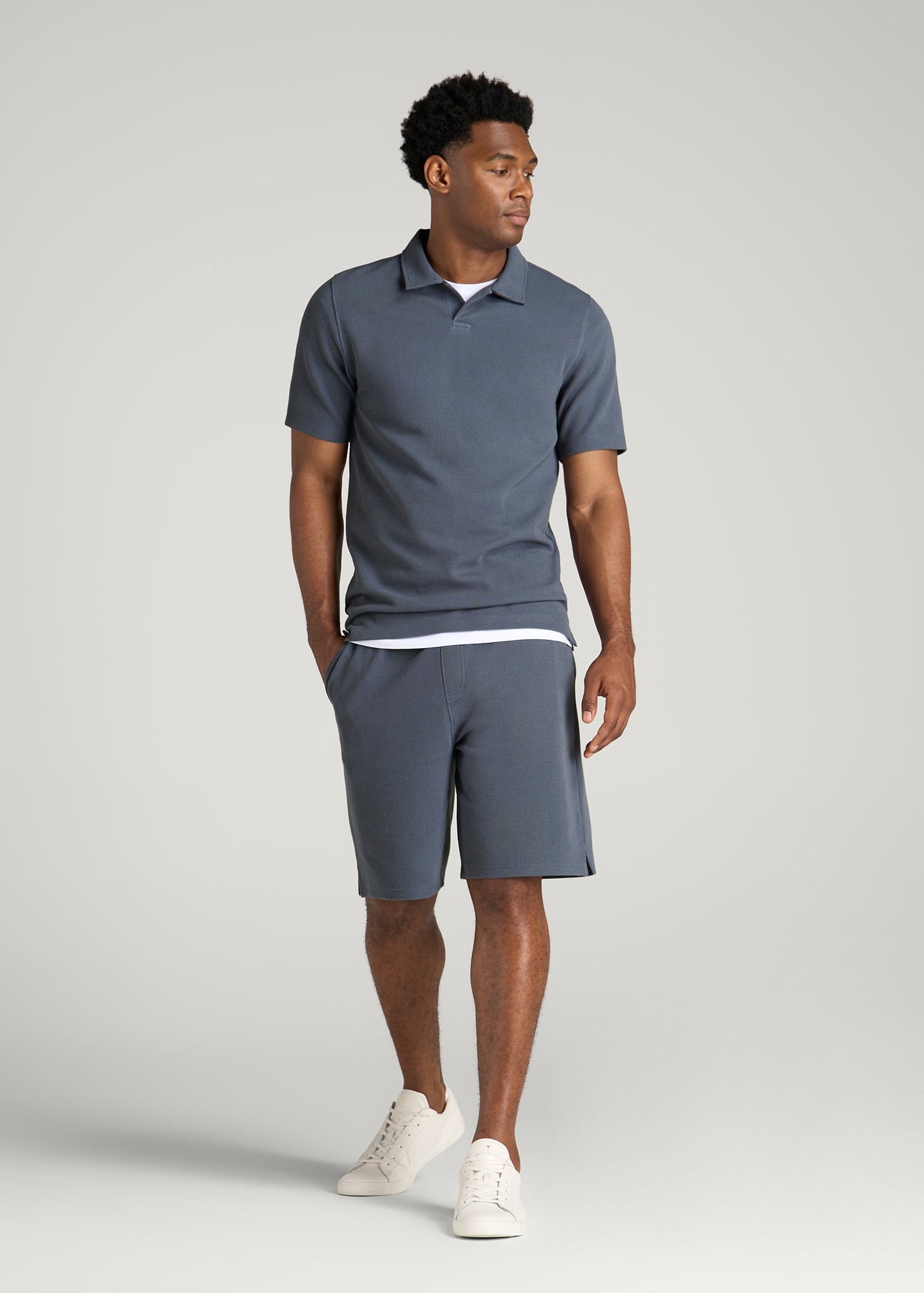 Micro Waffle Polo for Tall Men in Grey Blue