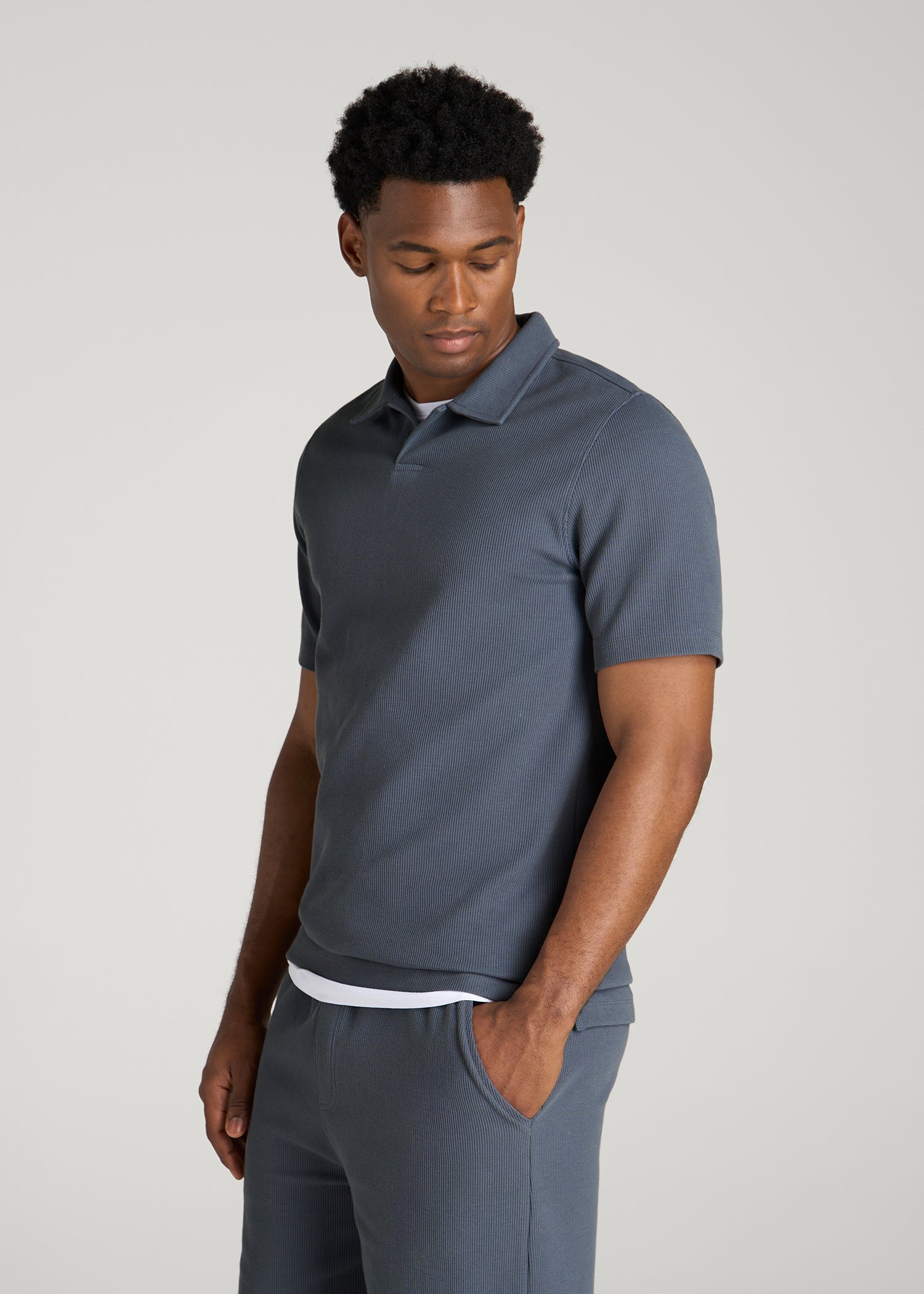 Micro Waffle Polo for Tall Men in Grey Blue