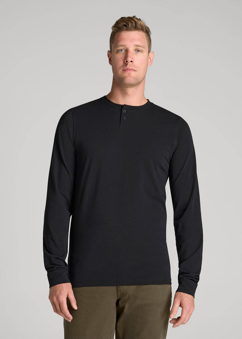 Pima Stretch Knit Henley Shirt for Tall Men in Black