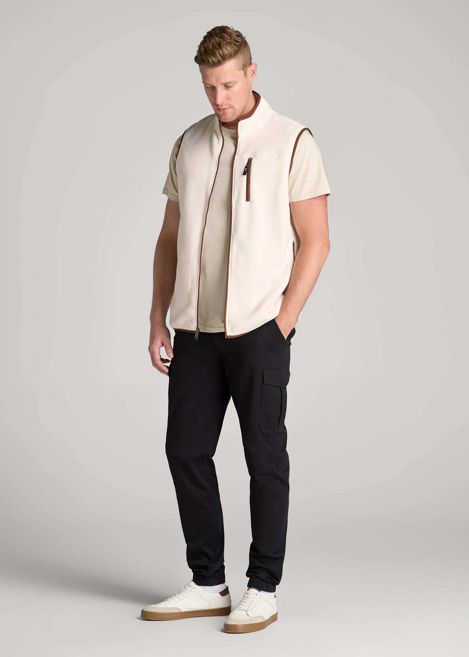 Polar Fleece Sweater Full Zip Vest for Tall Men in Natural