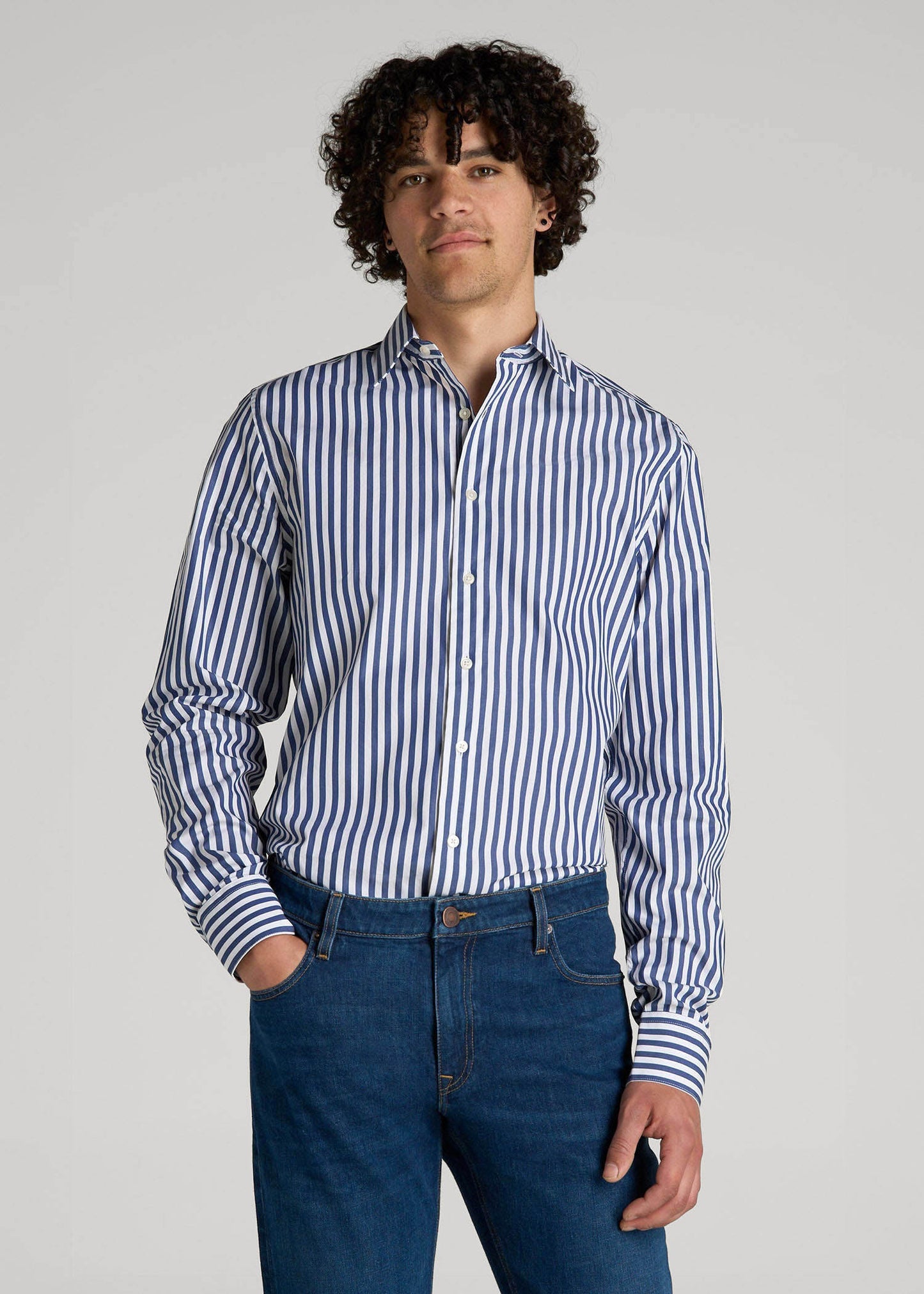Premium Dress Shirt for Tall Men in Bold Blue Stripe