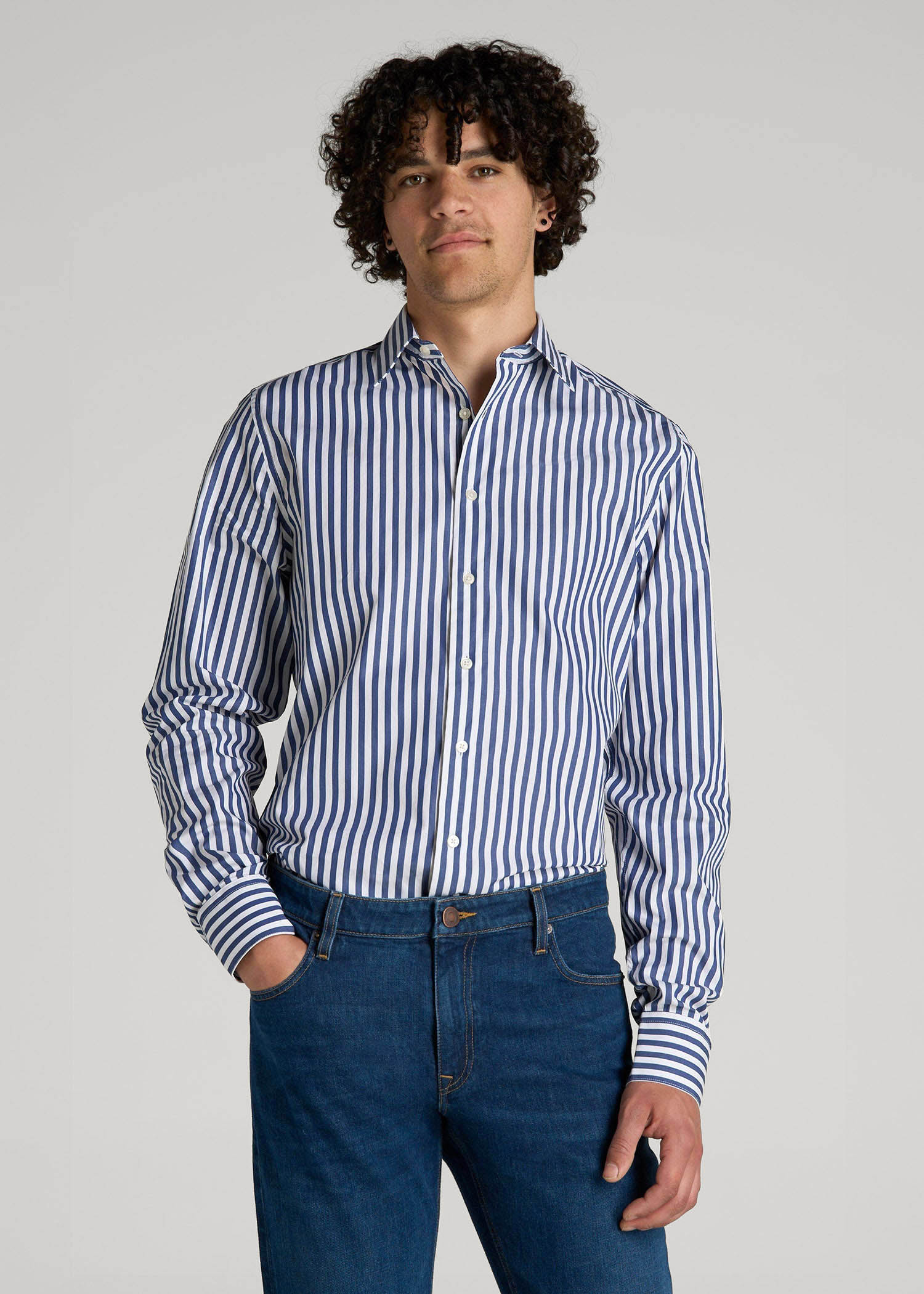 Premium Dress Shirt for Tall Men in Bold Blue Stripe