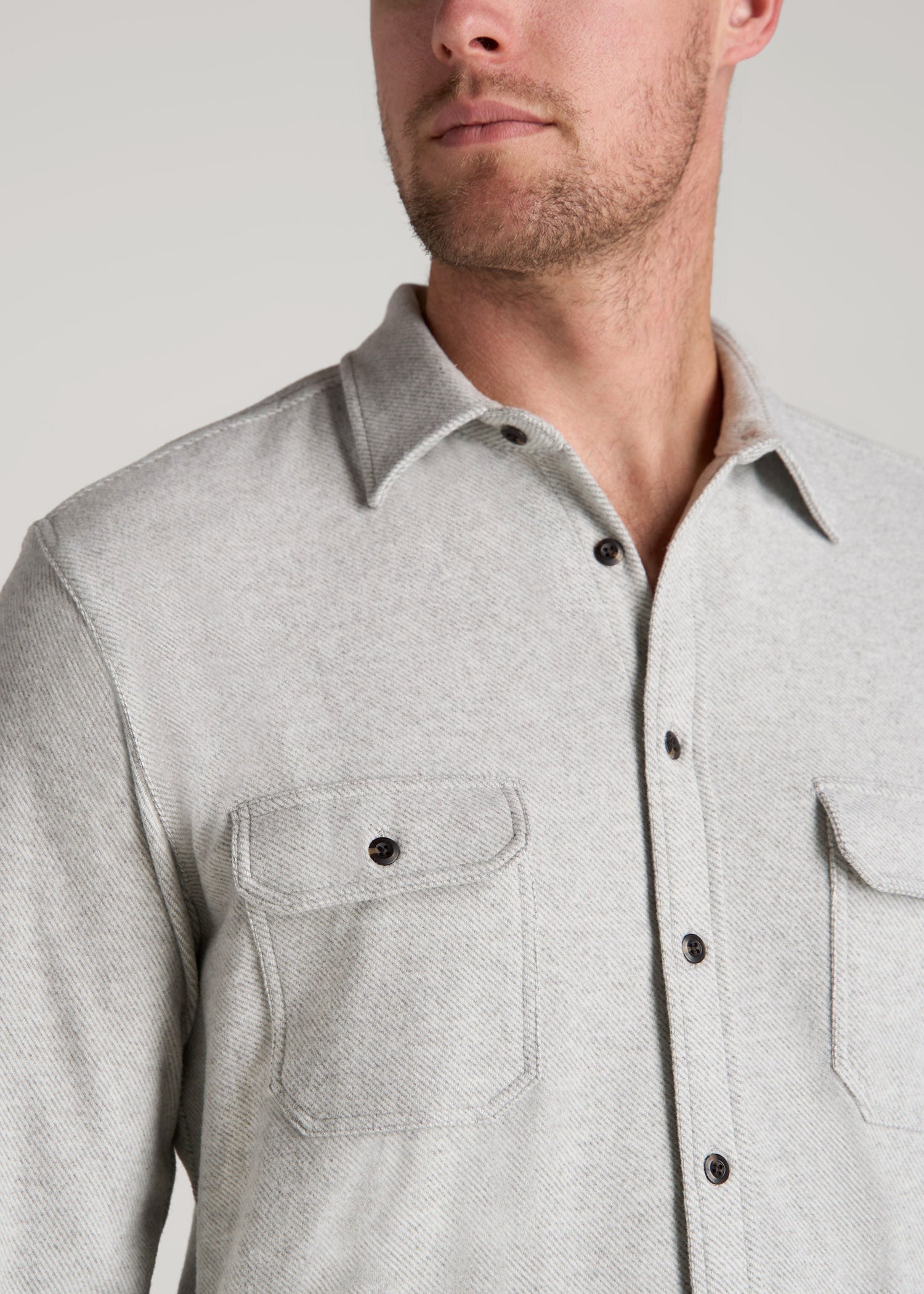 Stretch Flannel Button Shirt for Tall Men in Light Grey Mix
