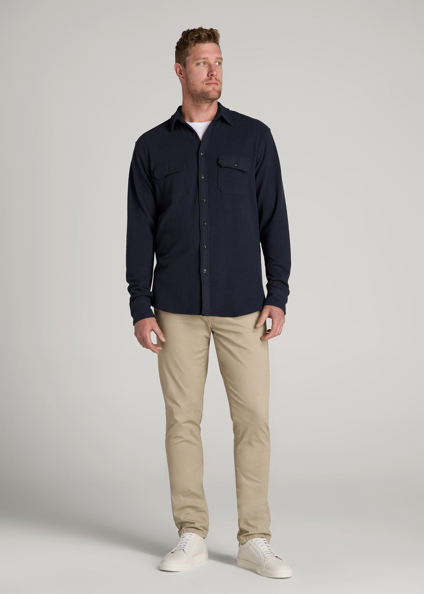 Stretch Flannel Button Shirt for Tall Men in True Navy