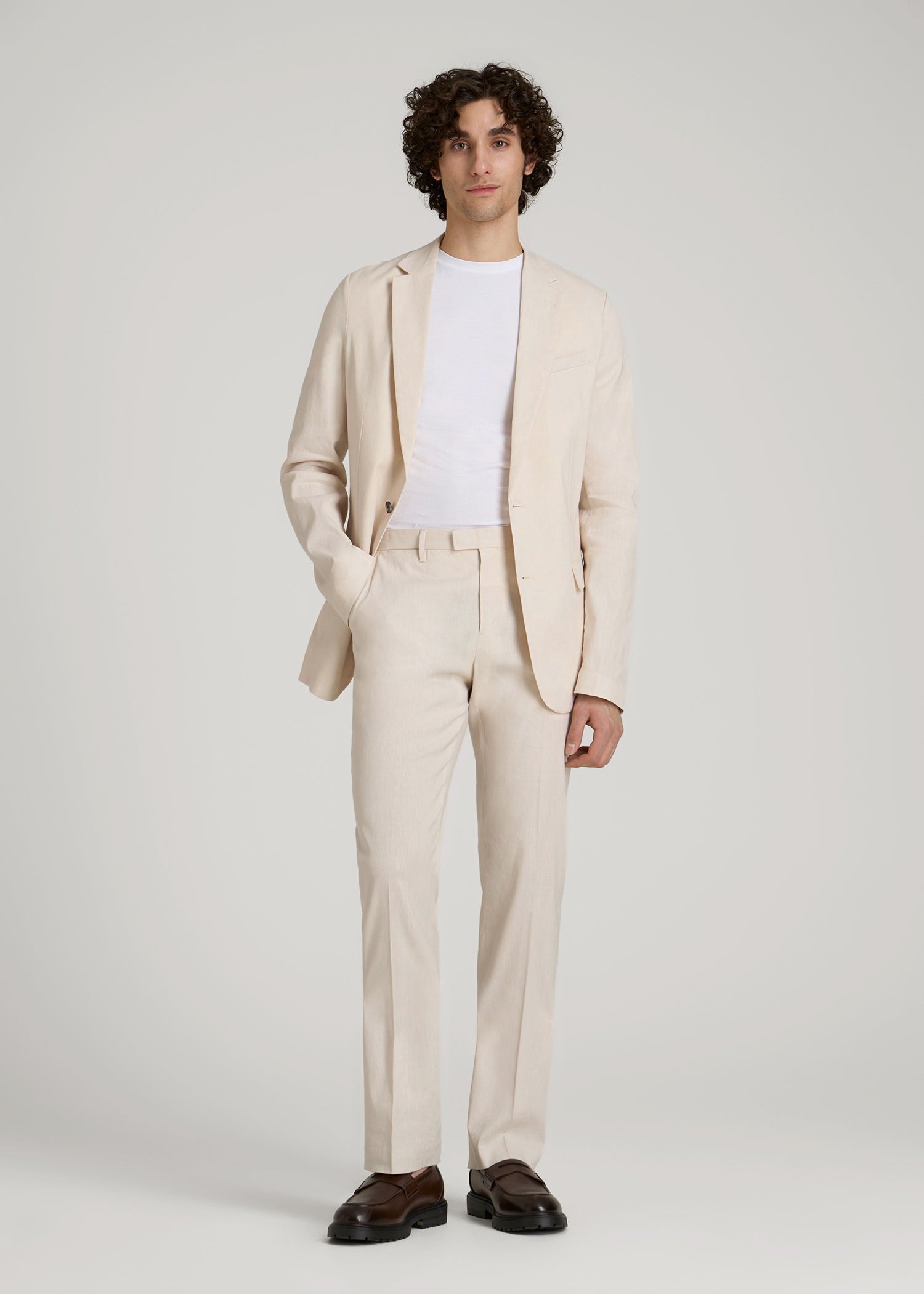 Stretch Linen Blazer for Tall Men in Light Beige Linen