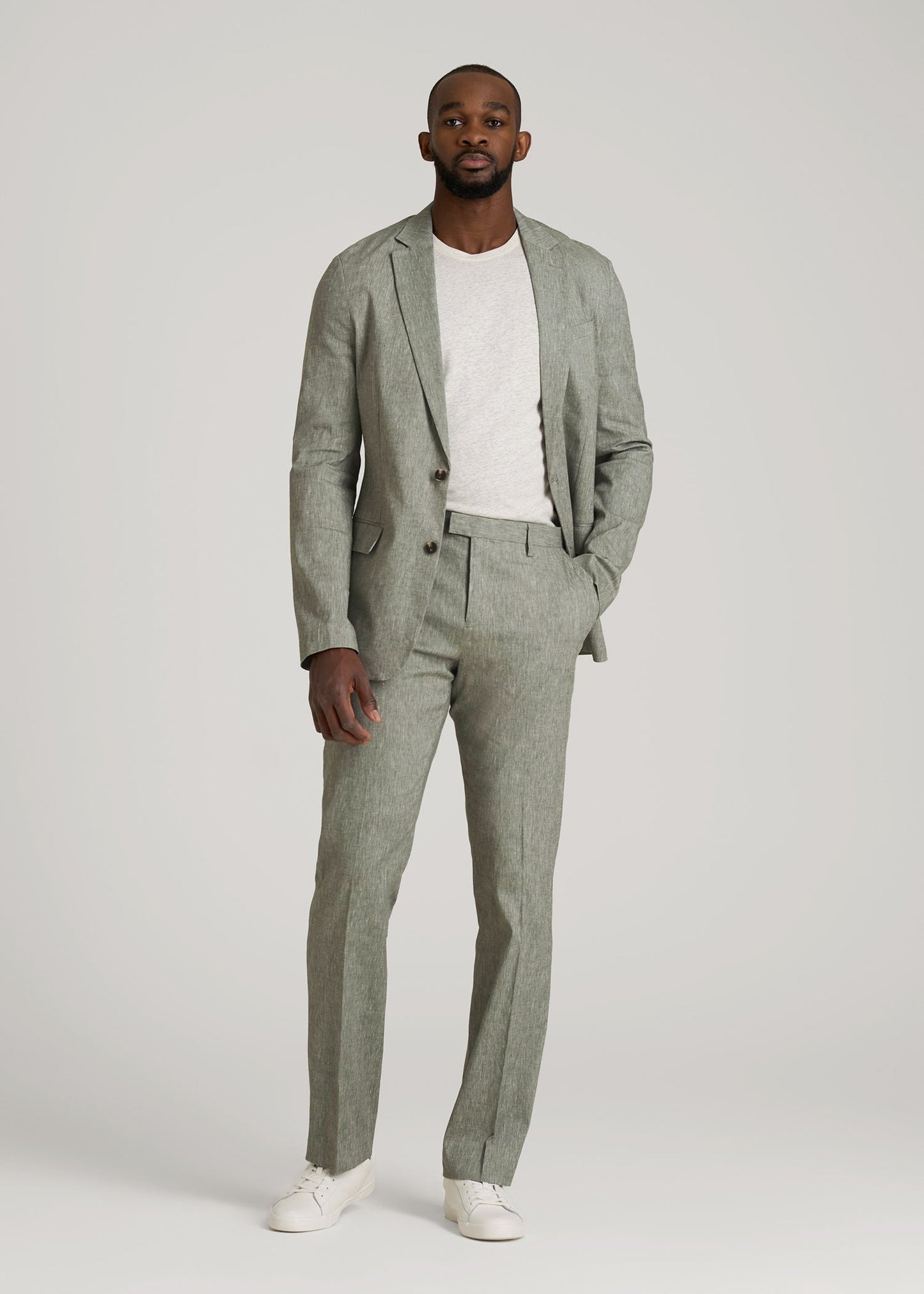 Stretch Linen Dress Pants for Tall Men in Climbing Ivy Linen