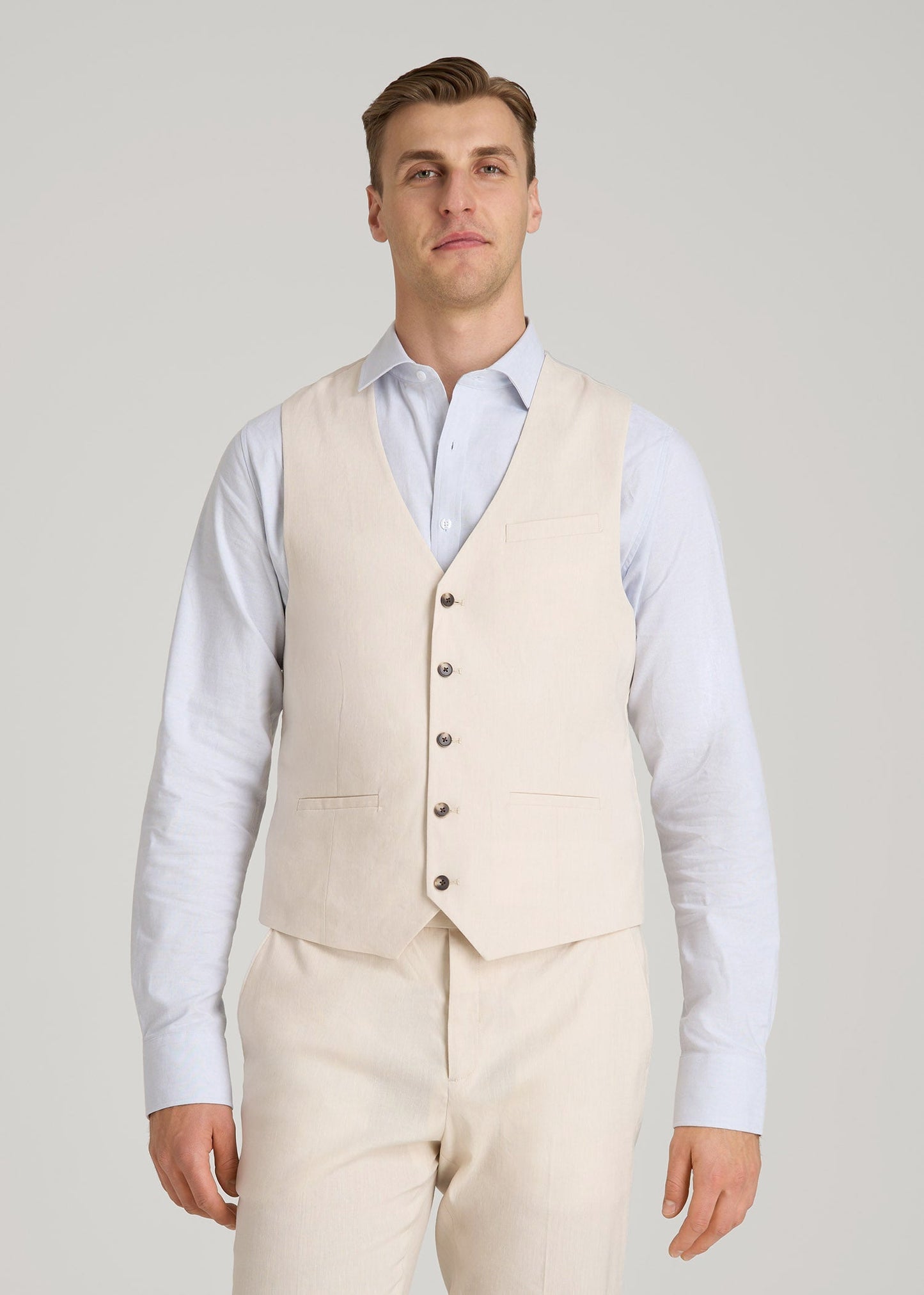 Stretch Linen Suit Vest for Tall Men in Light Beige Linen