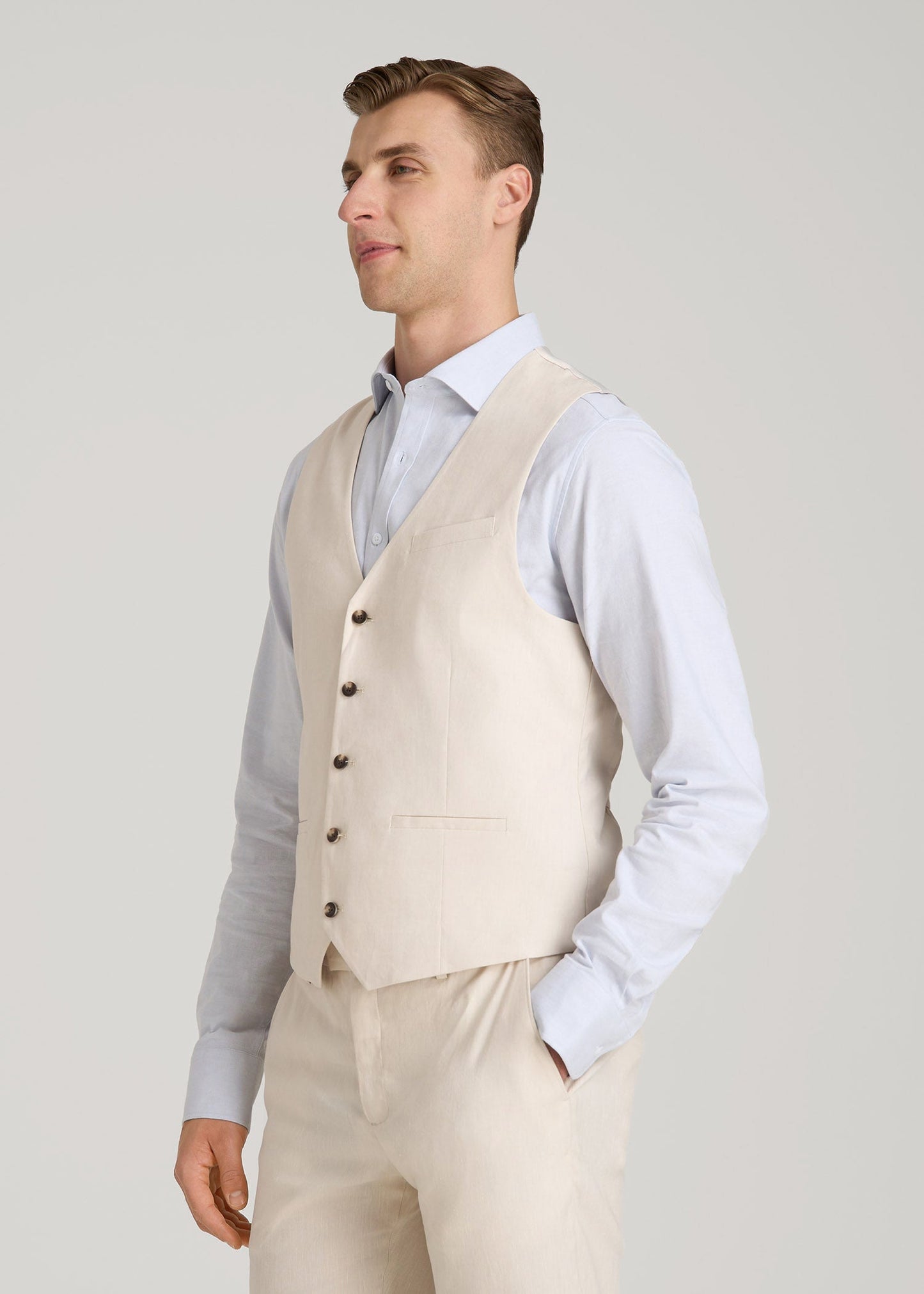 Stretch Linen Suit Vest for Tall Men in Light Beige Linen