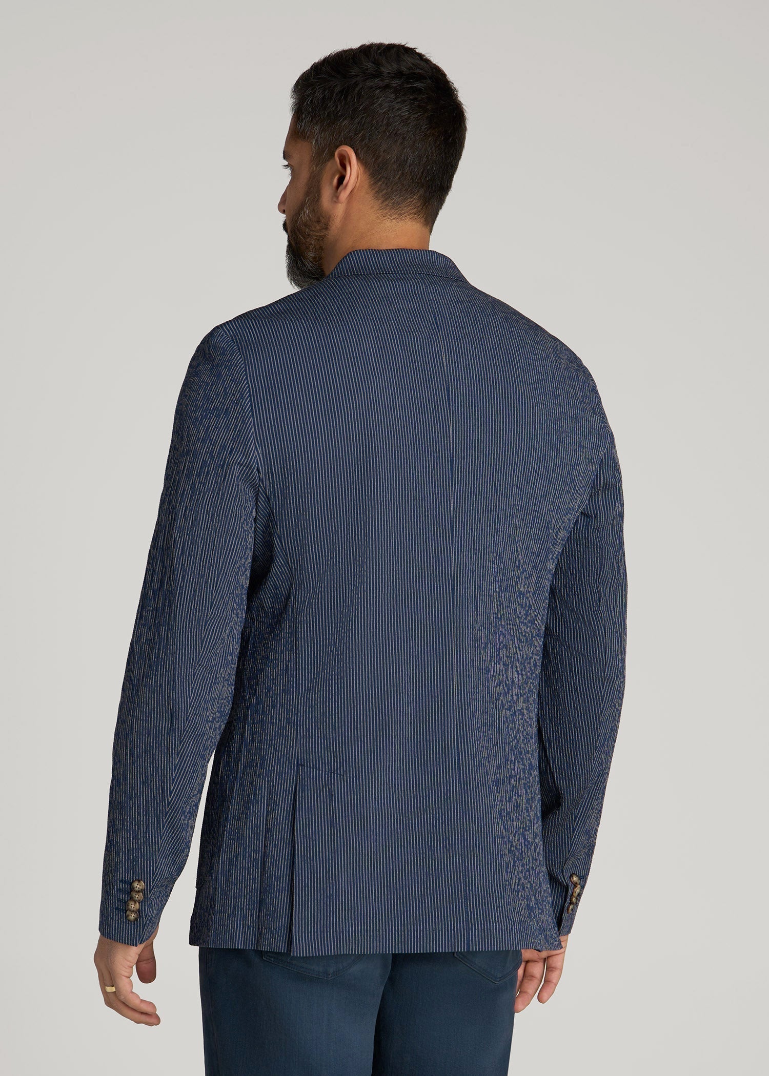 Stretch Seersucker Blazer for Tall Men in Navy and Off White Stripe