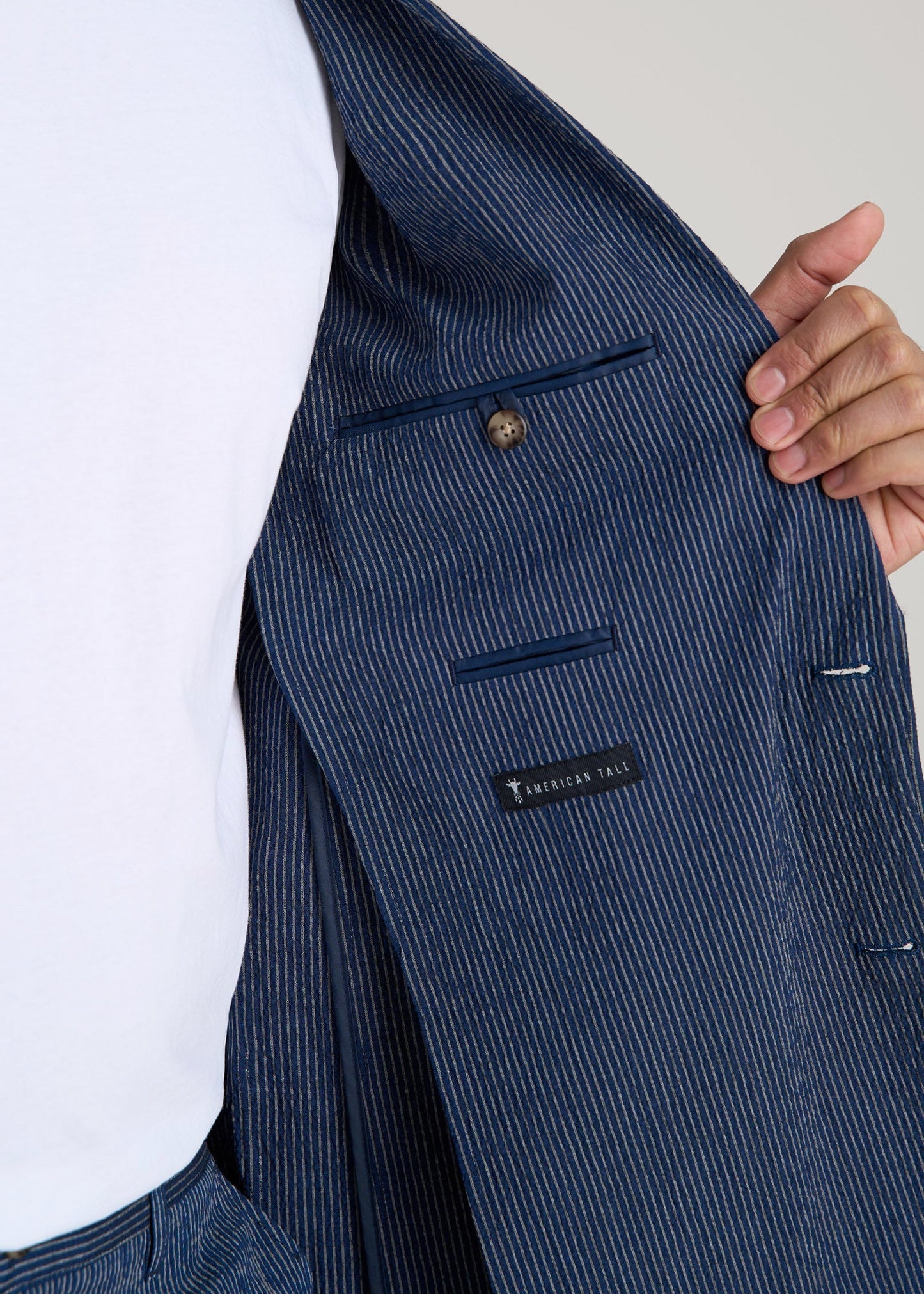 Stretch Seersucker Blazer for Tall Men in Navy and Off White Stripe