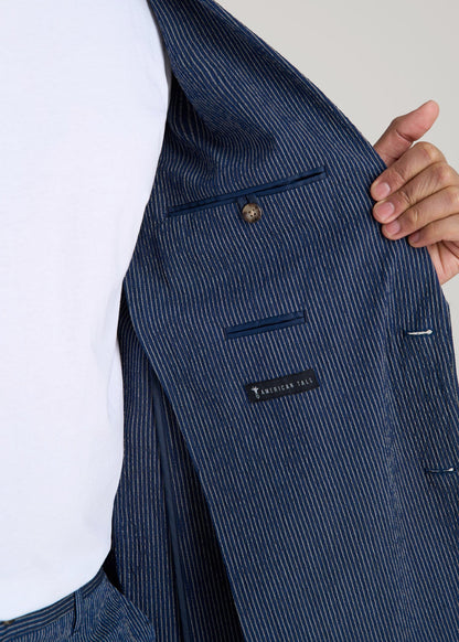 Stretch Seersucker Blazer for Tall Men in Navy and Off White Stripe