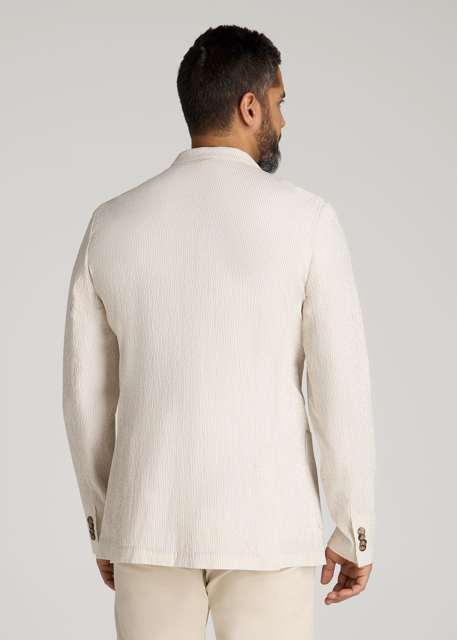 Stretch Seersucker Blazer for Tall Men in Off White and Beige Stripe
