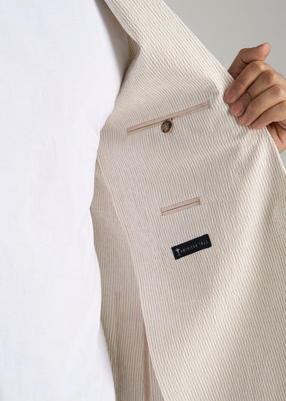 Stretch Seersucker Blazer for Tall Men in Off White and Beige Stripe