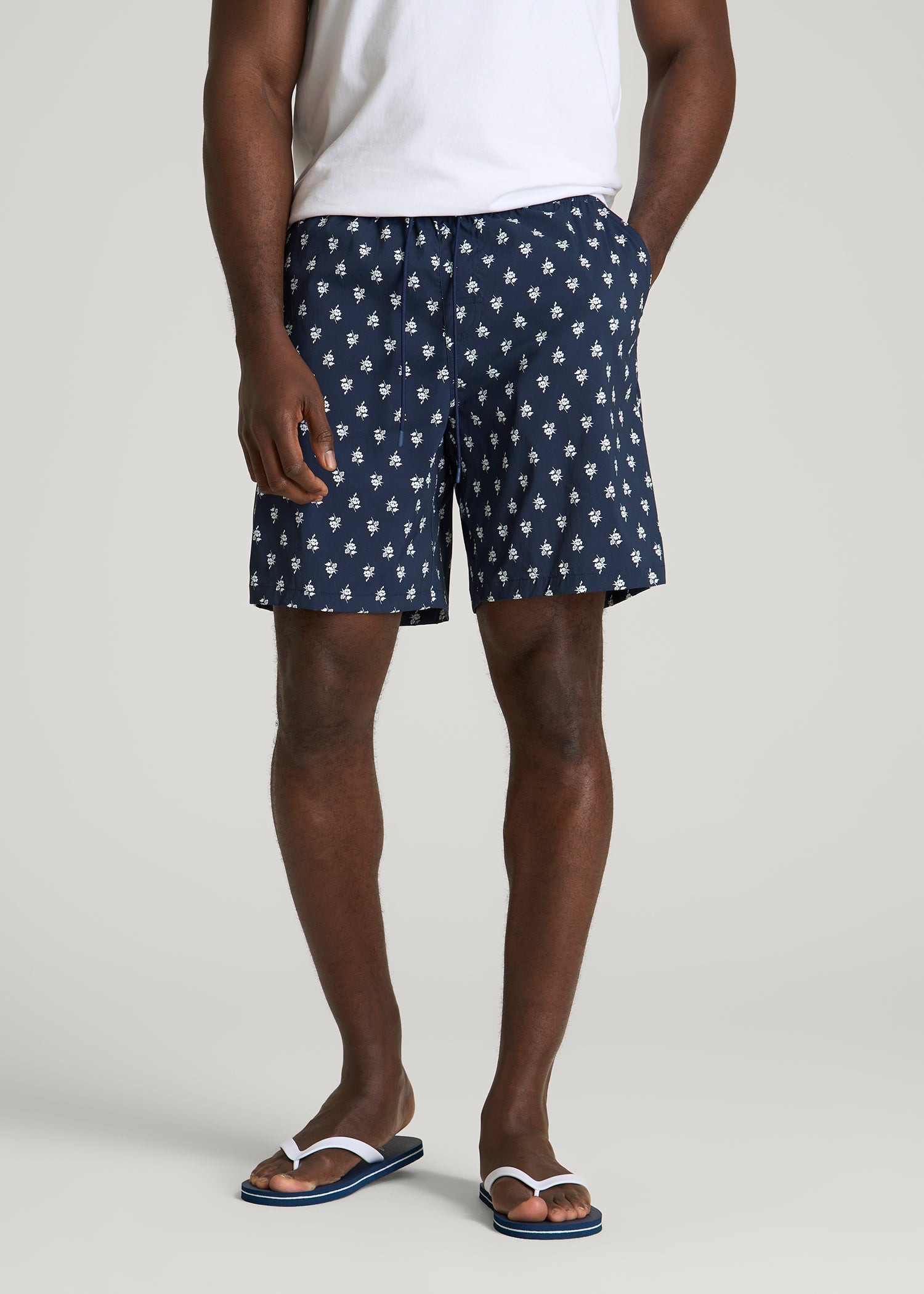Stretch Swim Shorts for Tall Men in Navy Blue Floral