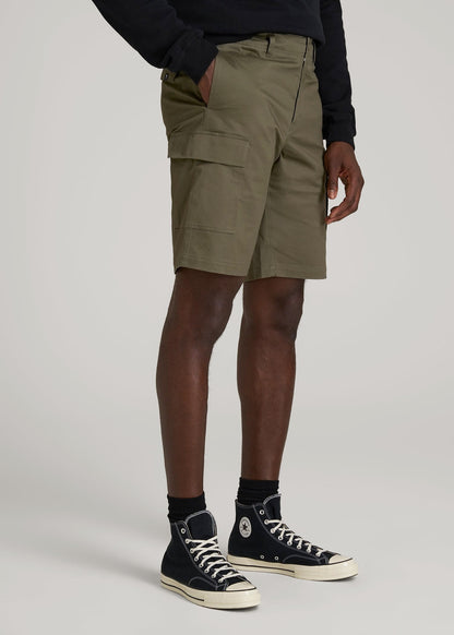 Stretch Twill Cargo Shorts for Tall Men in Dark Moss Green