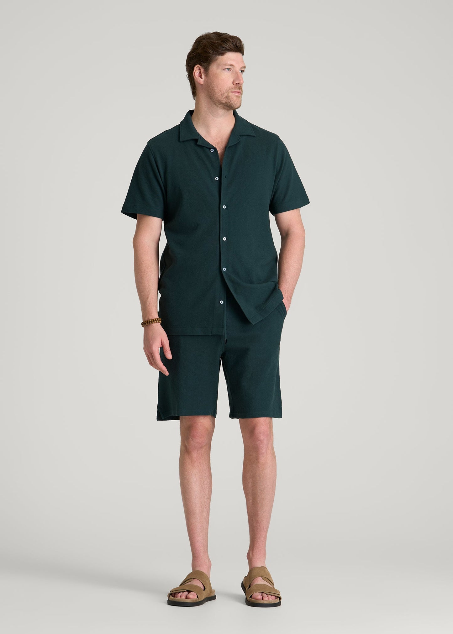 Terry Cotton Polo Cardigan for Tall Men in Emerald