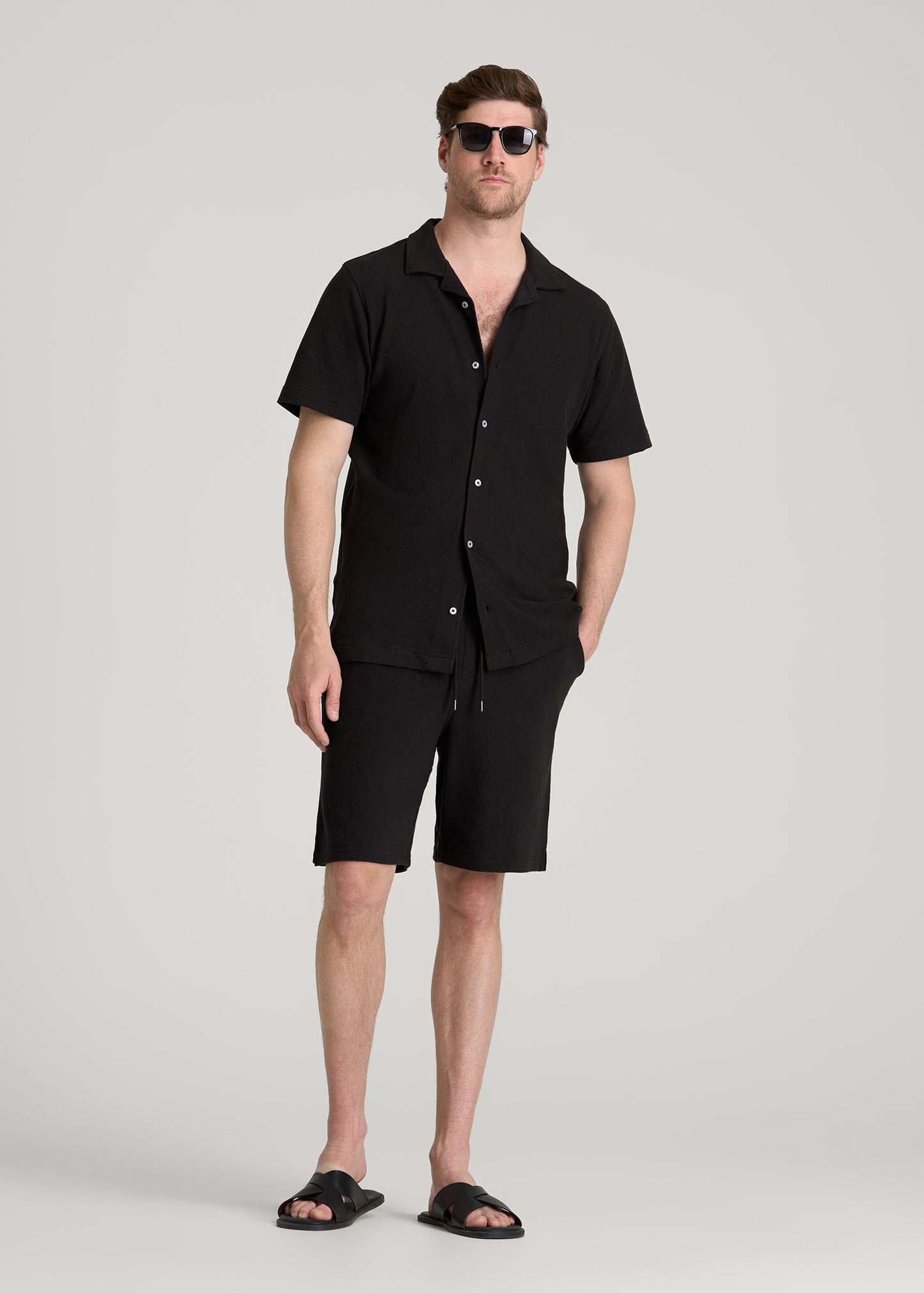 Terry Cotton Pull-On Shorts for Tall Men in Black