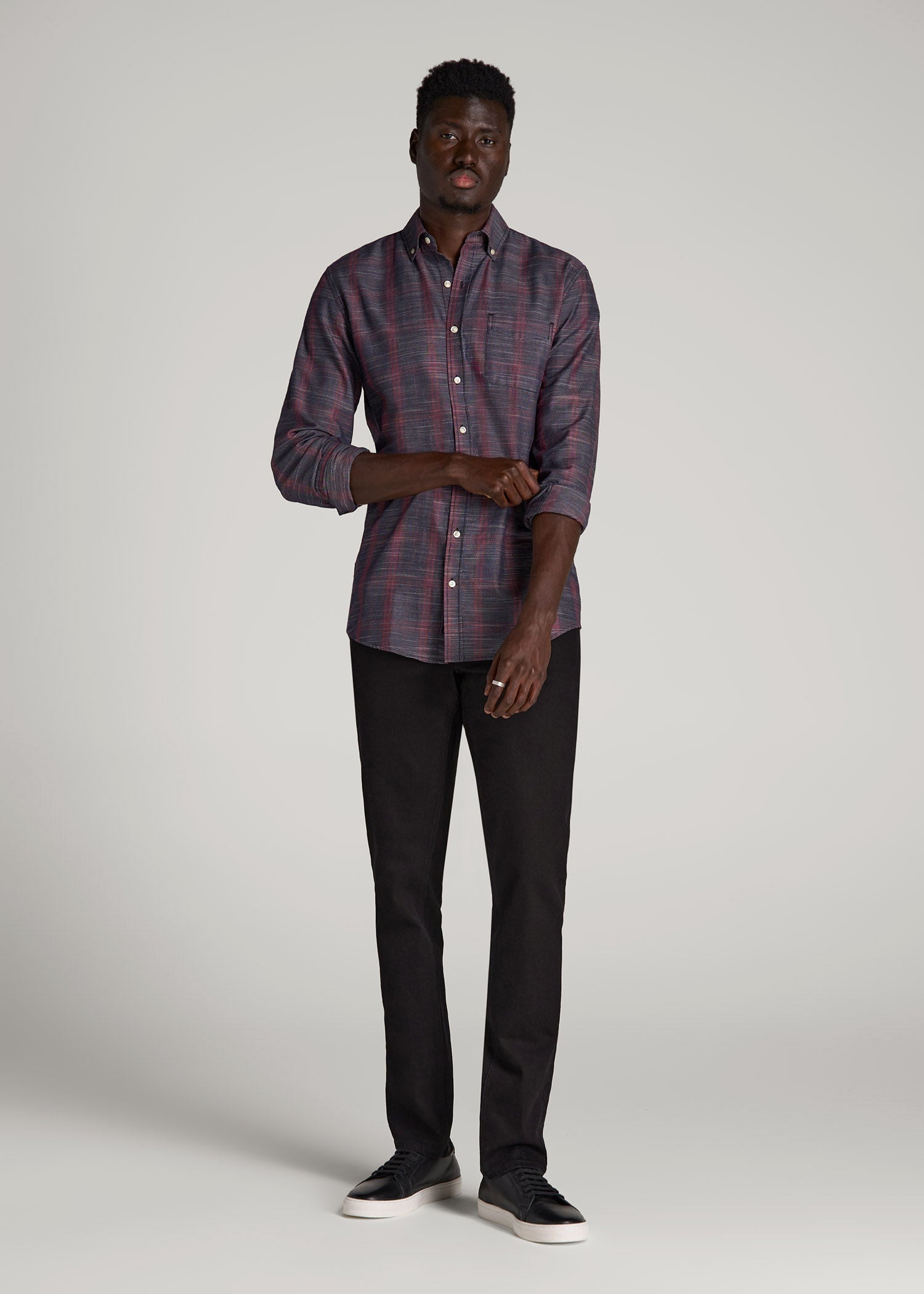 Textured Weave Cotton Button-Up Shirt for Tall Men in Red Plaid