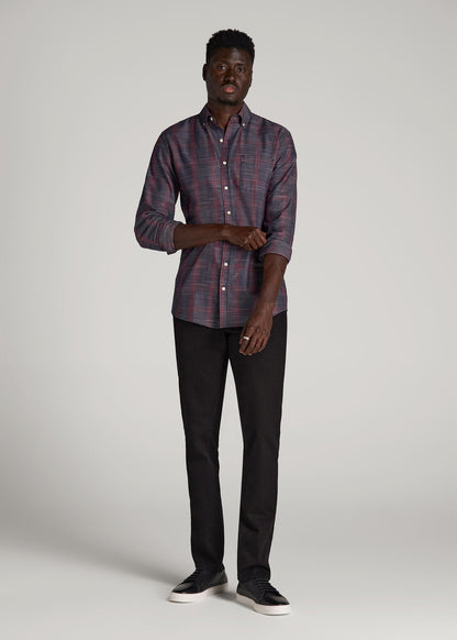 Textured Weave Cotton Button-Up Shirt for Tall Men in Red Plaid