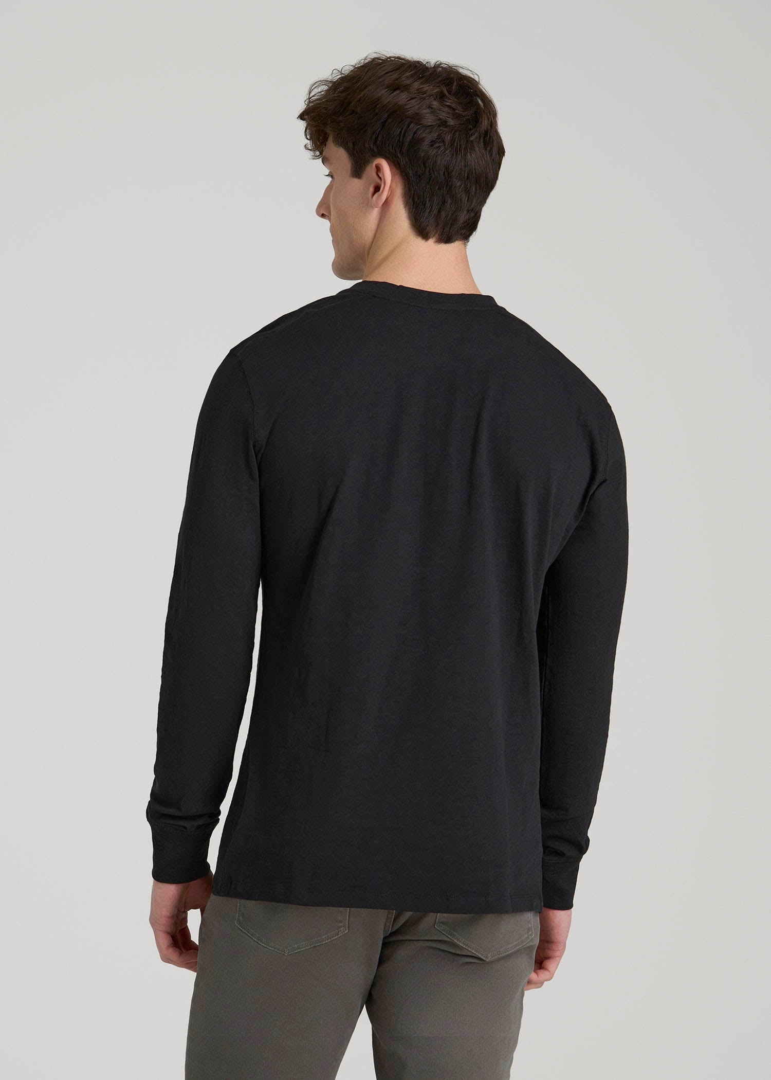 Three-Button Long Sleeve Slub Henley for Tall Men in Black