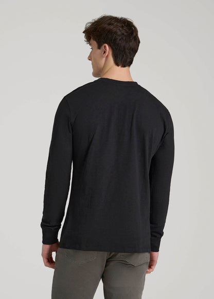 Three-Button Long Sleeve Slub Henley for Tall Men in Black