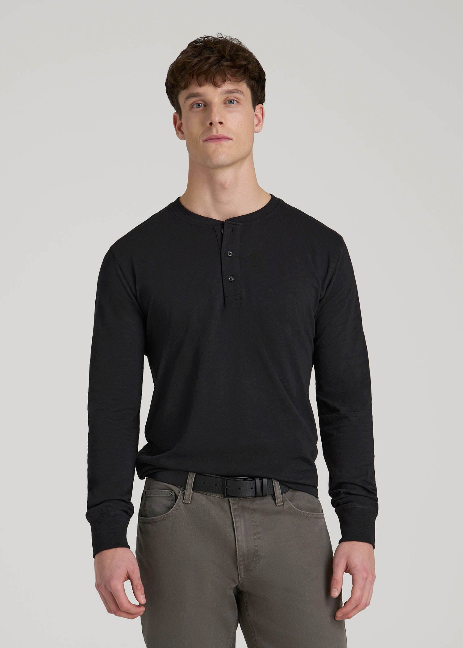 Three-Button Long Sleeve Slub Henley for Tall Men in Black