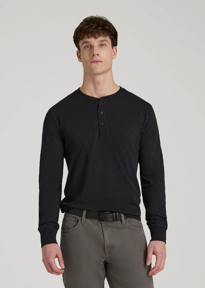 Three-Button Long Sleeve Slub Henley for Tall Men in Black