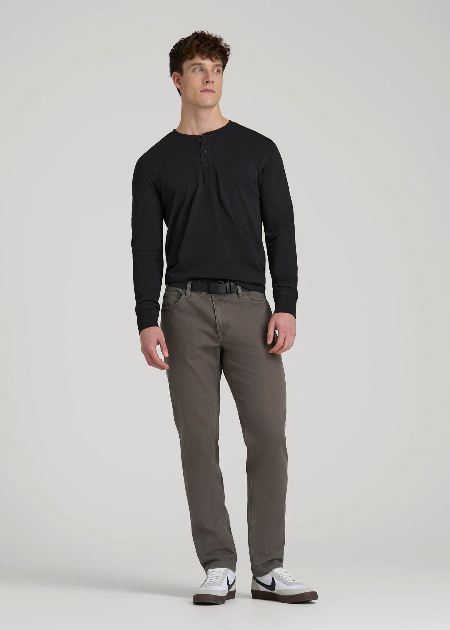 Three-Button Long Sleeve Slub Henley for Tall Men in Black
