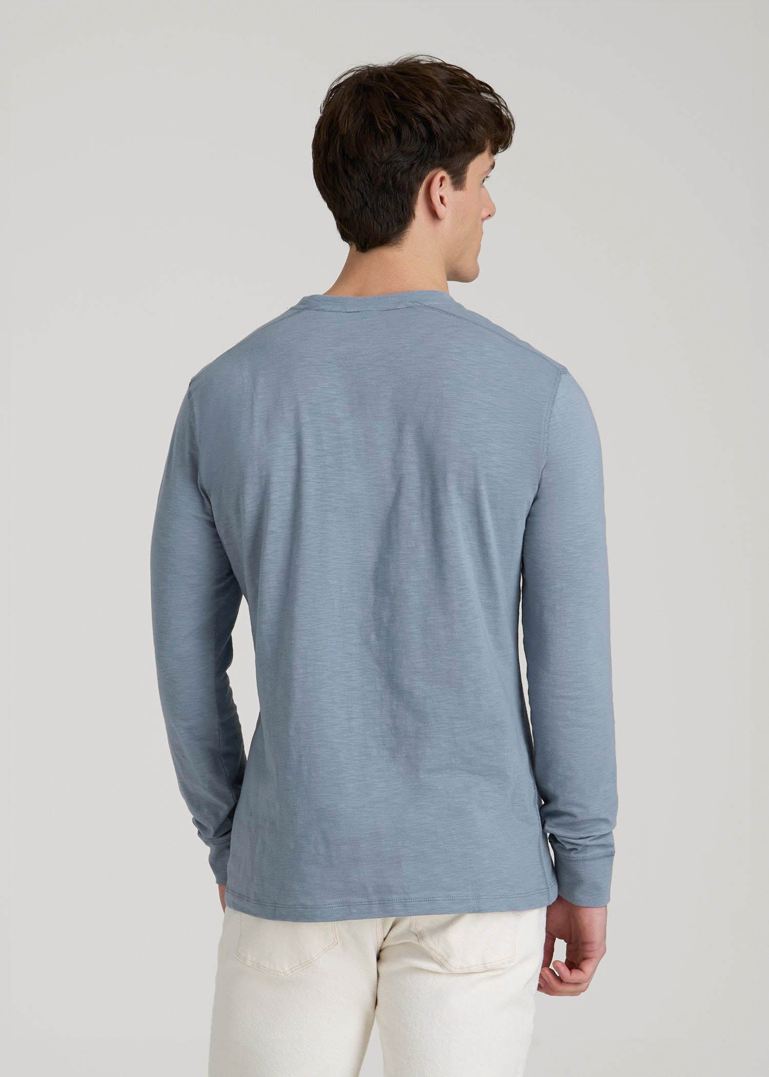 Three-Button Long Sleeve Slub Henley for Tall Men in Chambray