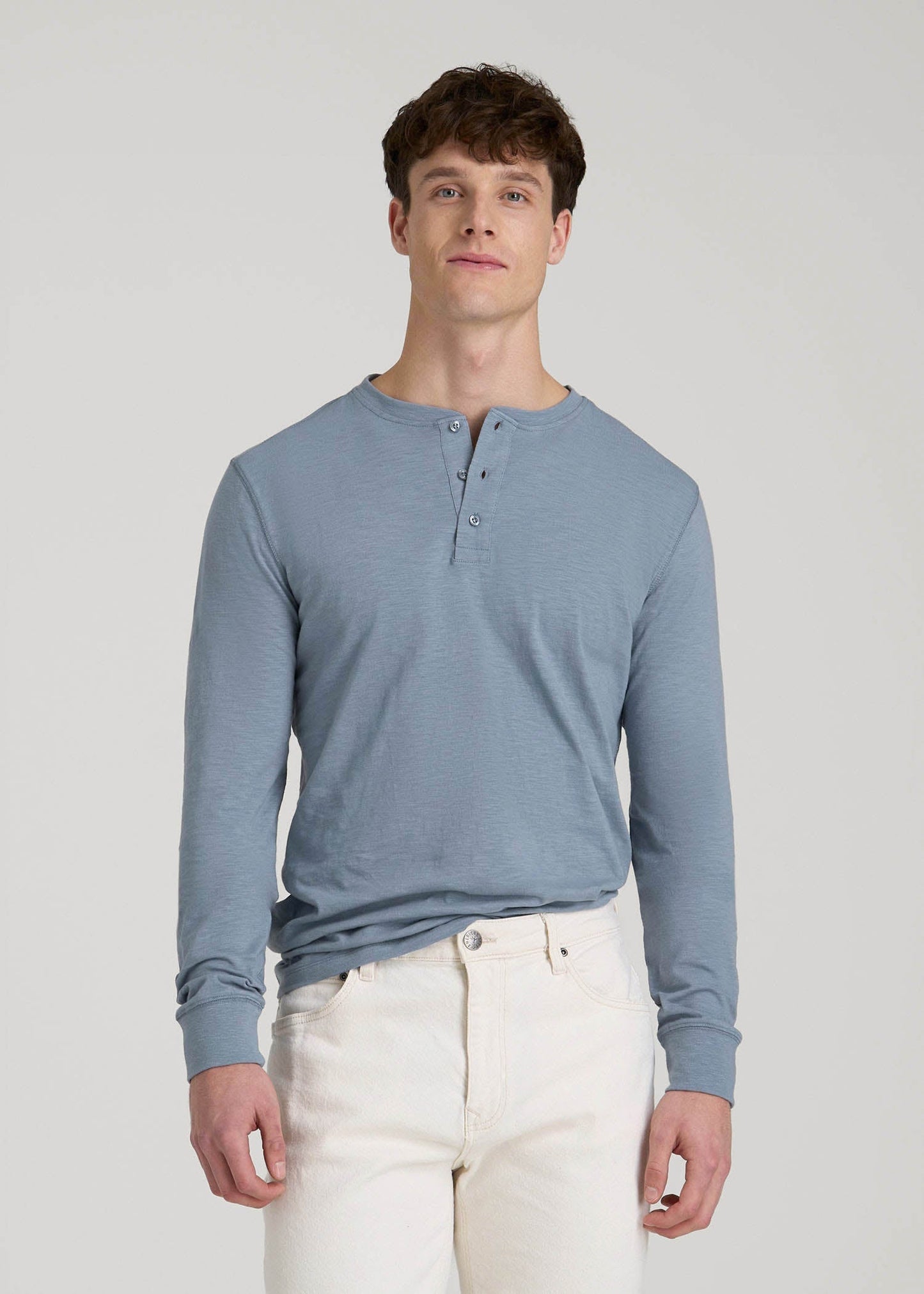Three-Button Long Sleeve Slub Henley for Tall Men in Chambray
