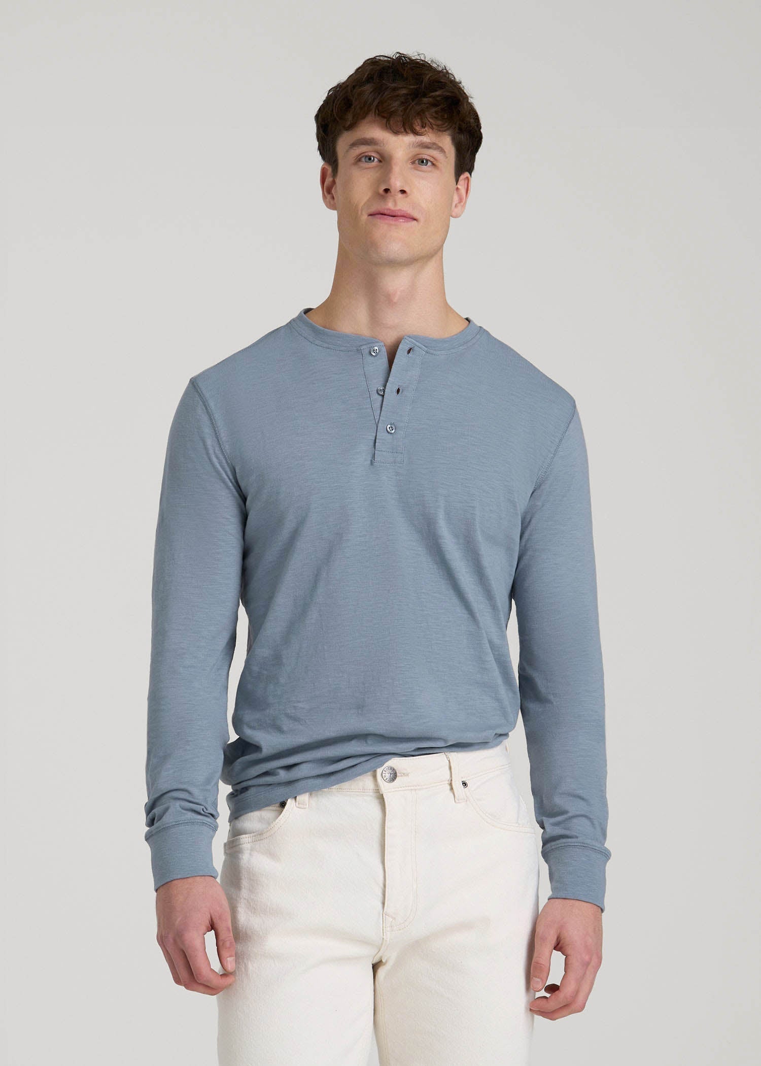 Three-Button Long Sleeve Slub Henley for Tall Men in Chambray