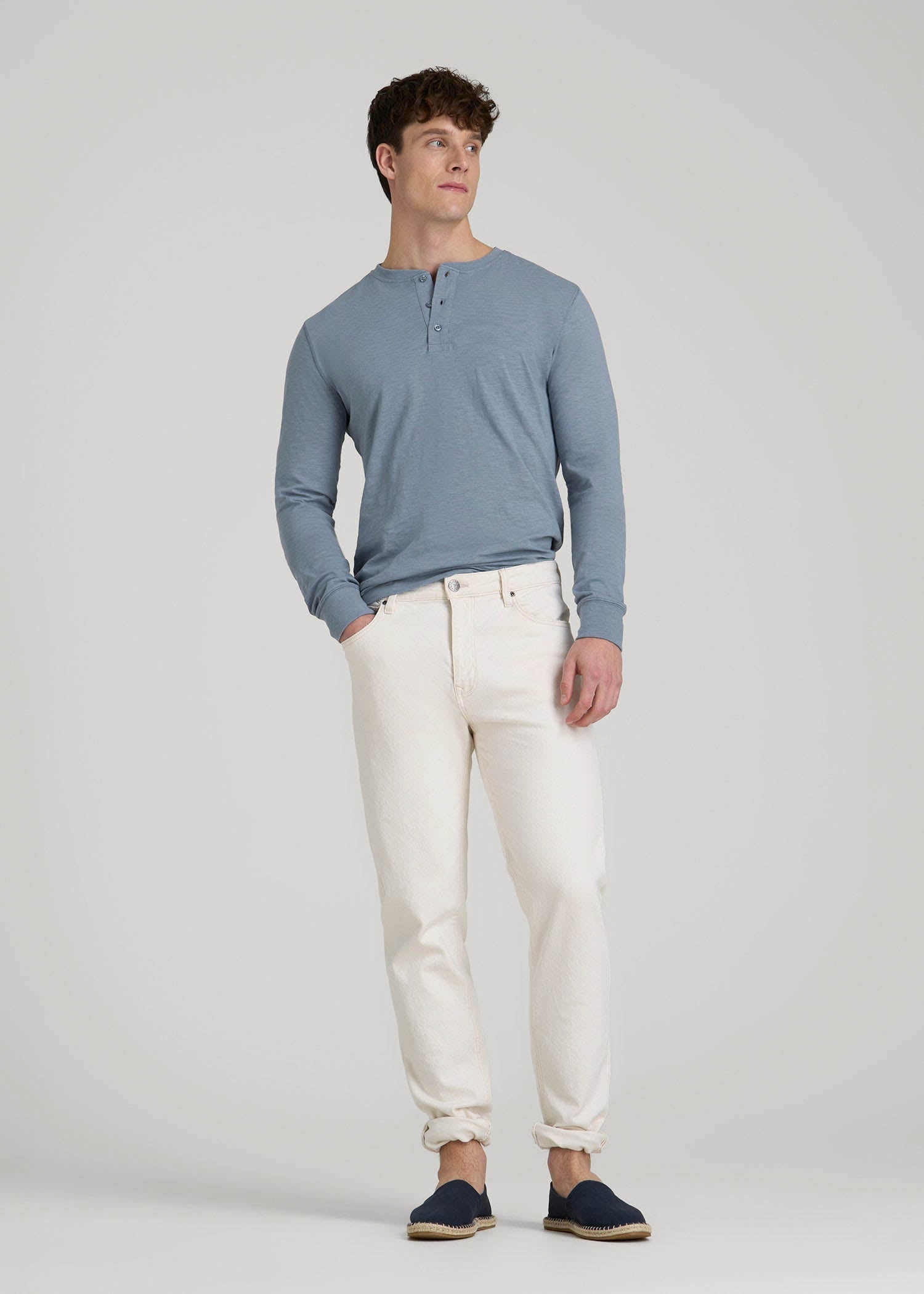 Three-Button Long Sleeve Slub Henley for Tall Men in Chambray