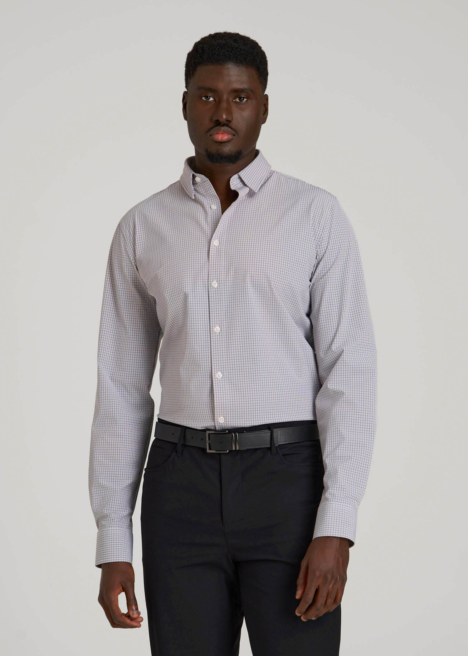Traveler Stretch Dress Shirt in Grey Mini Plaid