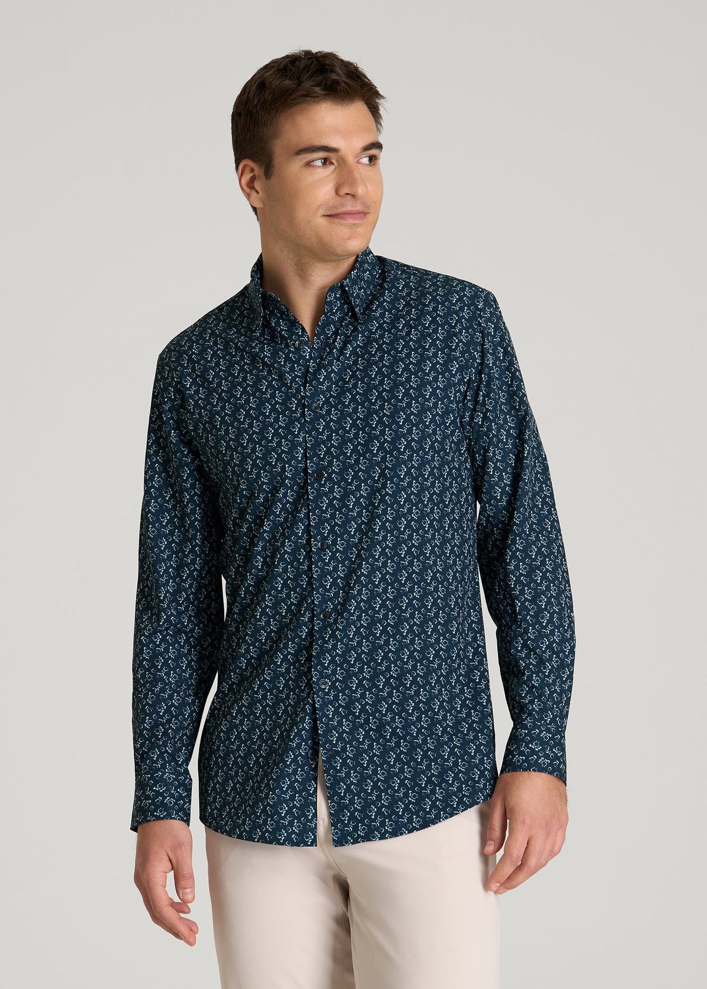 Traveler Stretch Dress Shirt for Tall Men in Royal Navy Floral
