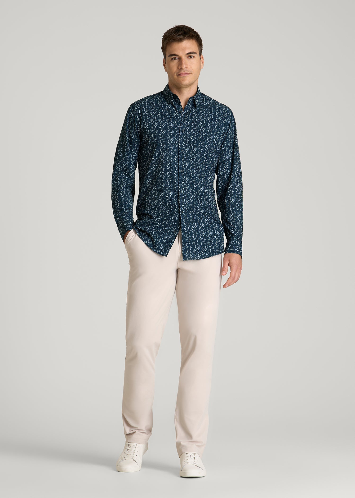 Traveler Stretch Dress Shirt for Tall Men in Royal Navy Floral
