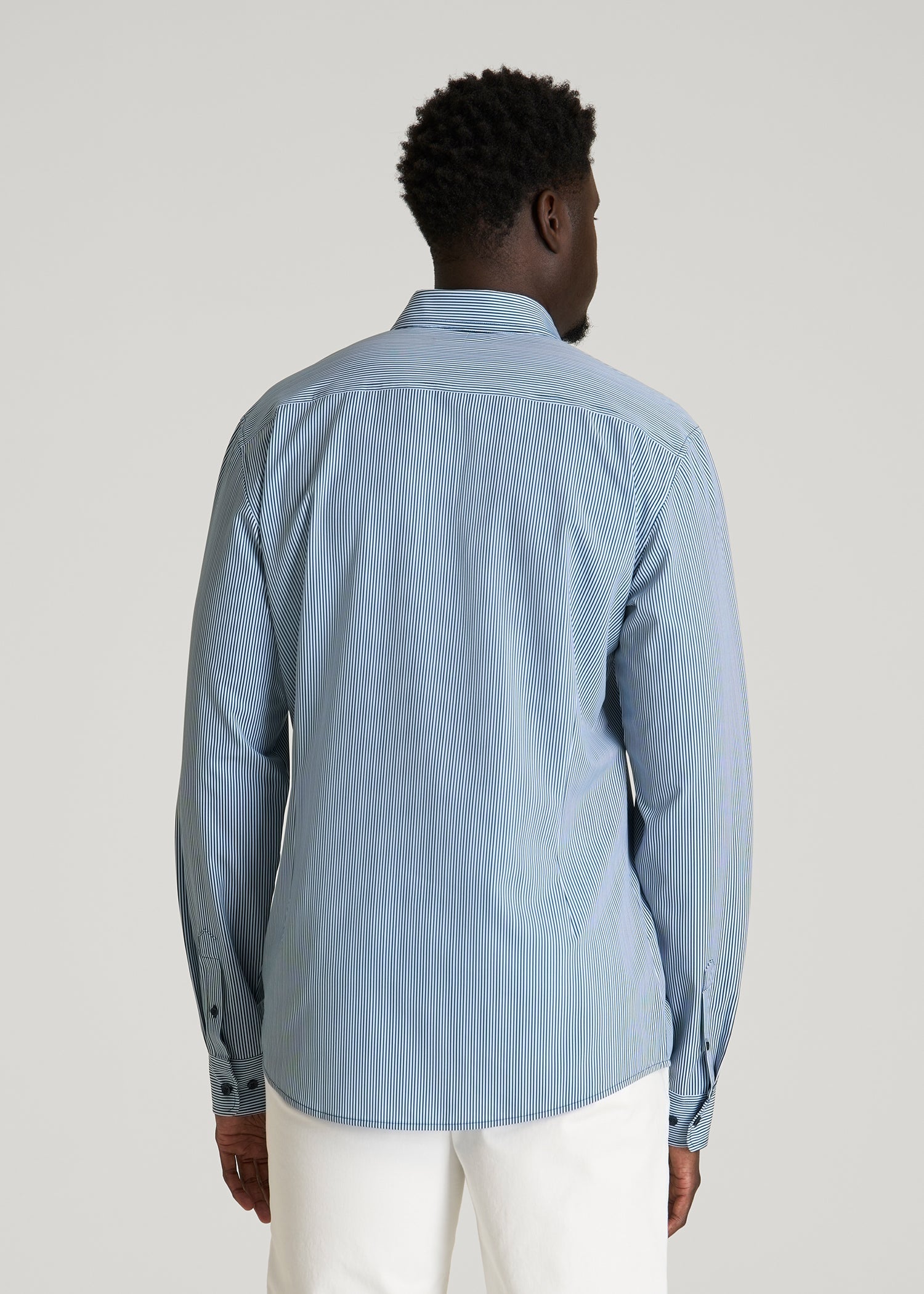 Traveler Stretch Dress Shirt for Tall Men in Royal Navy Stripe