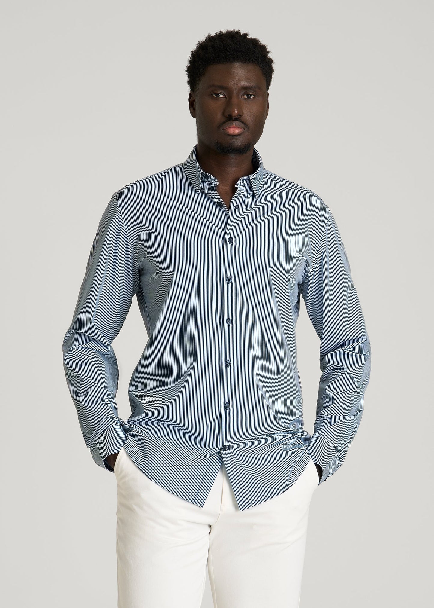 Traveler Stretch Dress Shirt for Tall Men in Royal Navy Stripe