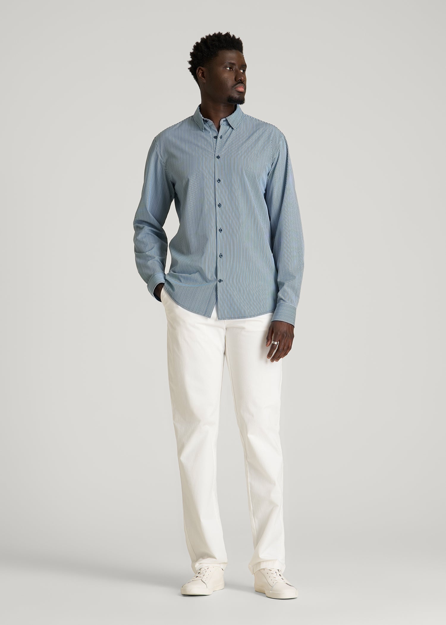 Traveler Stretch Dress Shirt for Tall Men in Royal Navy Stripe