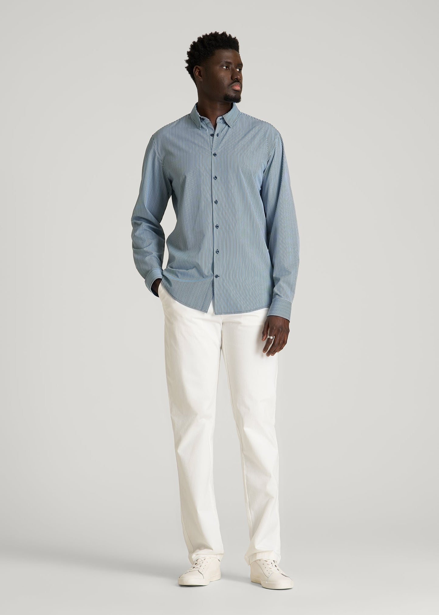Traveler Stretch Dress Shirt for Tall Men in Royal Navy Stripe