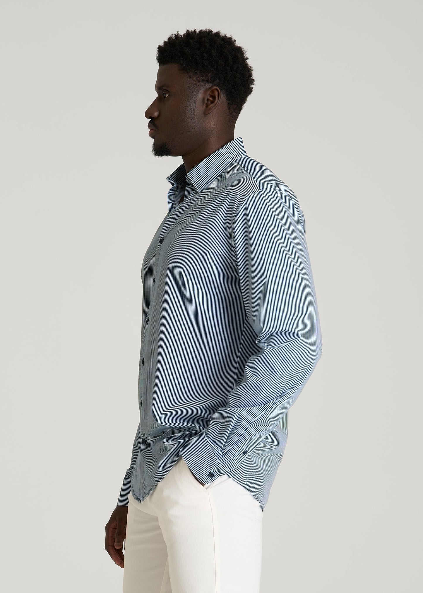 Traveler Stretch Dress Shirt for Tall Men in Royal Navy Stripe