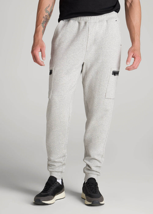 Tech Motion Fleece Cargo Joggers for Tall Men in Grey Mix