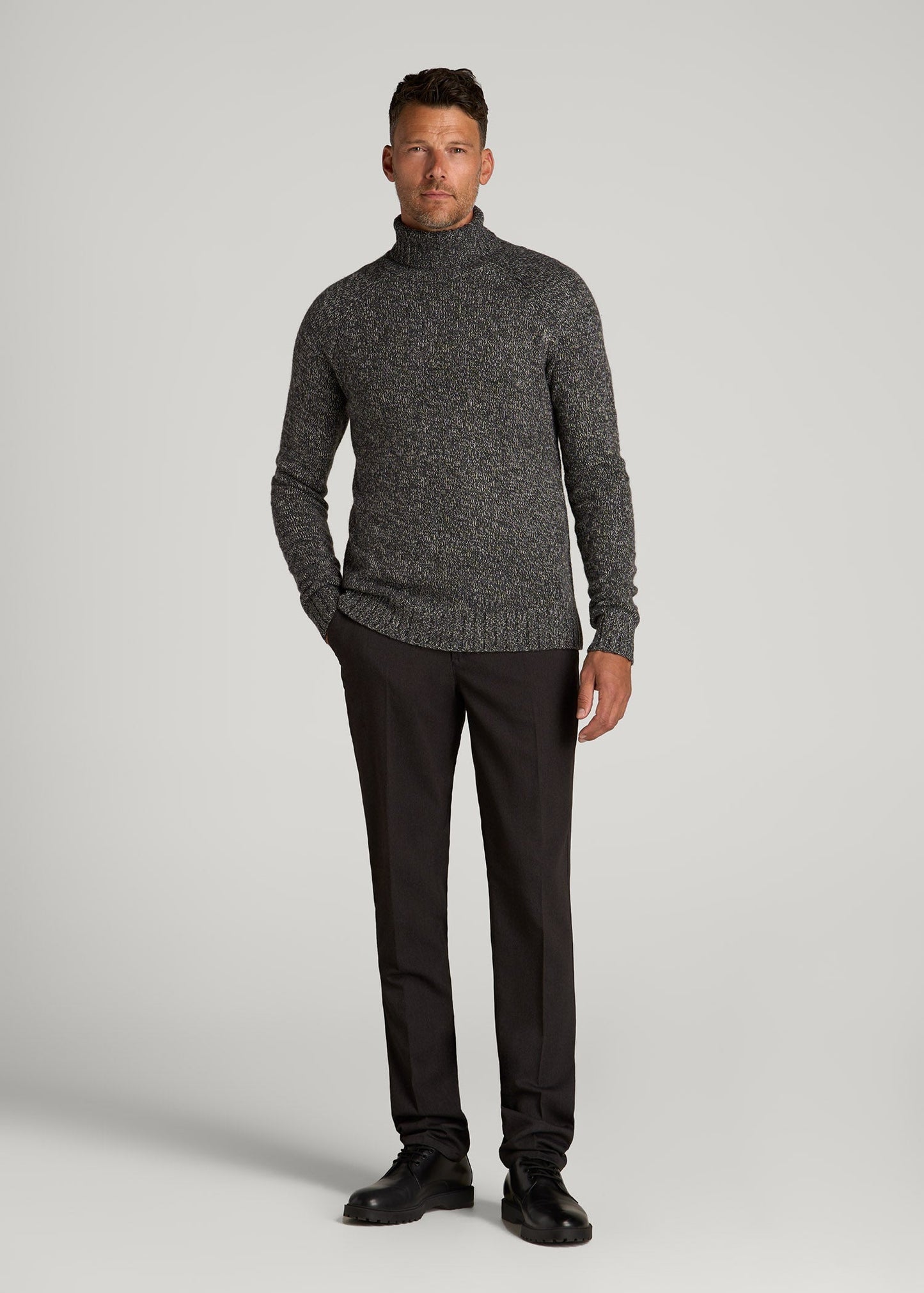 Wool Blend Marled Turtleneck for Tall Men in Charcoal Multi
