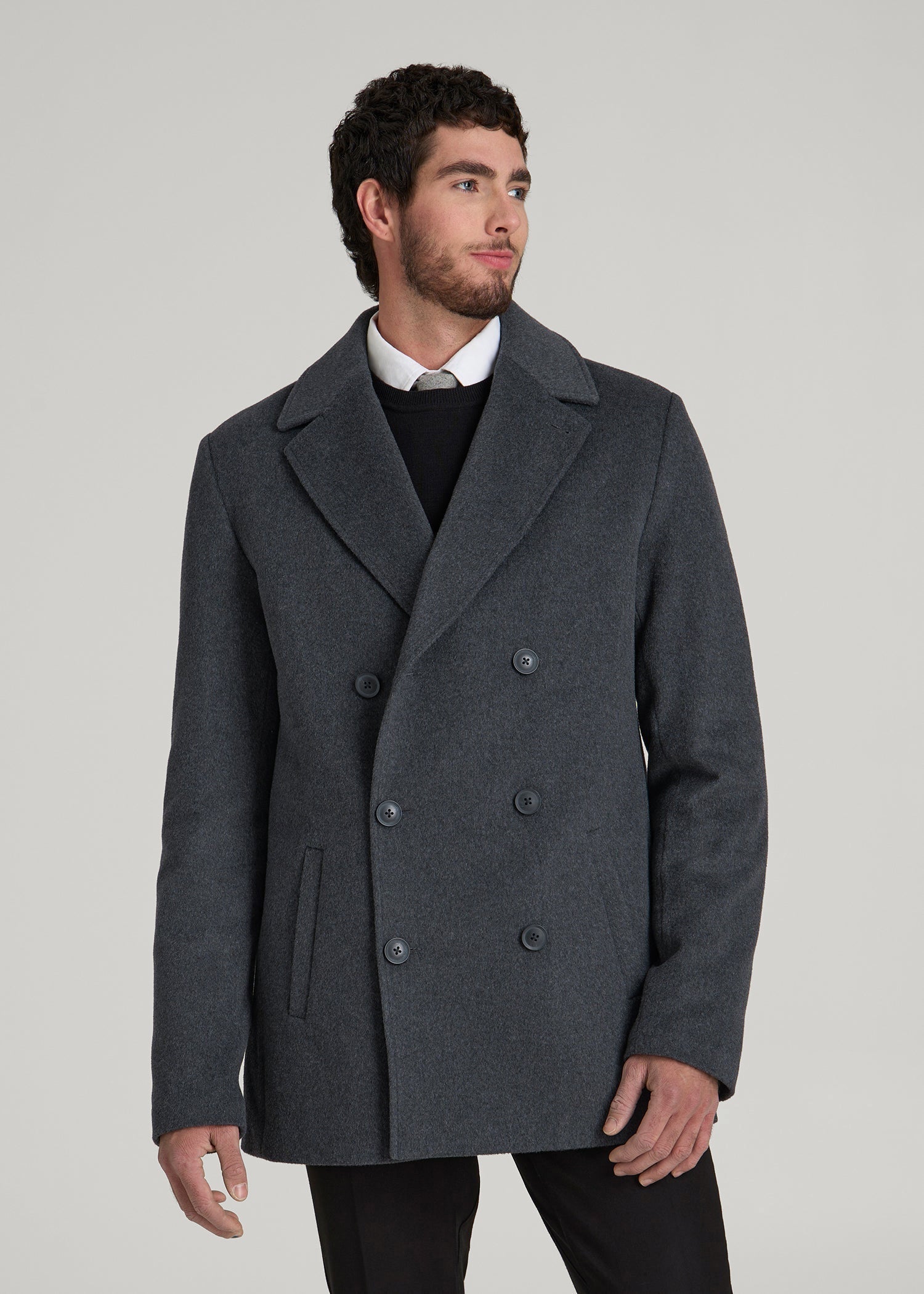 Double-Breasted Wool Peacoat for Tall Men in Dark Grey Mix